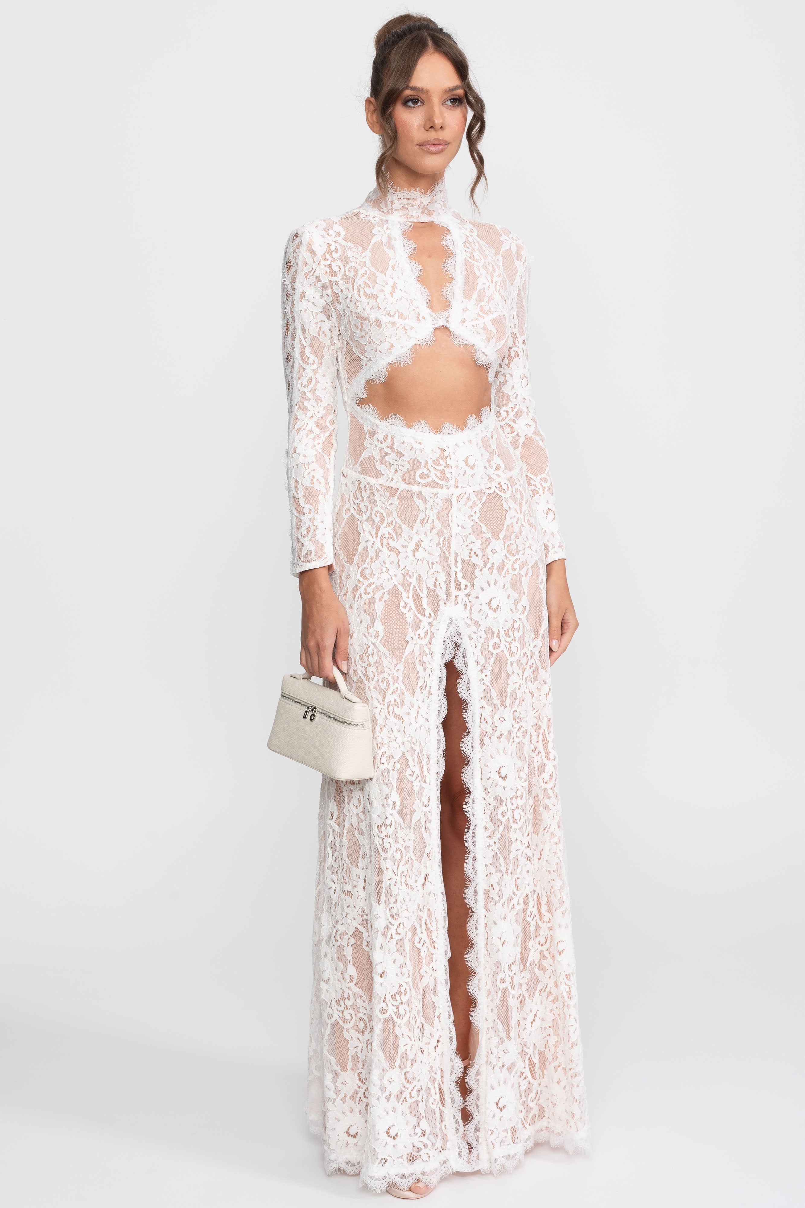 Elegant Lace Gown With High Neck, Front Cutout And Slit - White