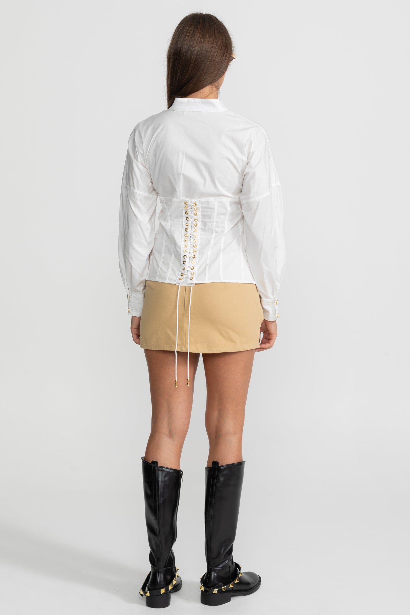 Mini Skirt with Draped Rose Appliqué - Beige
