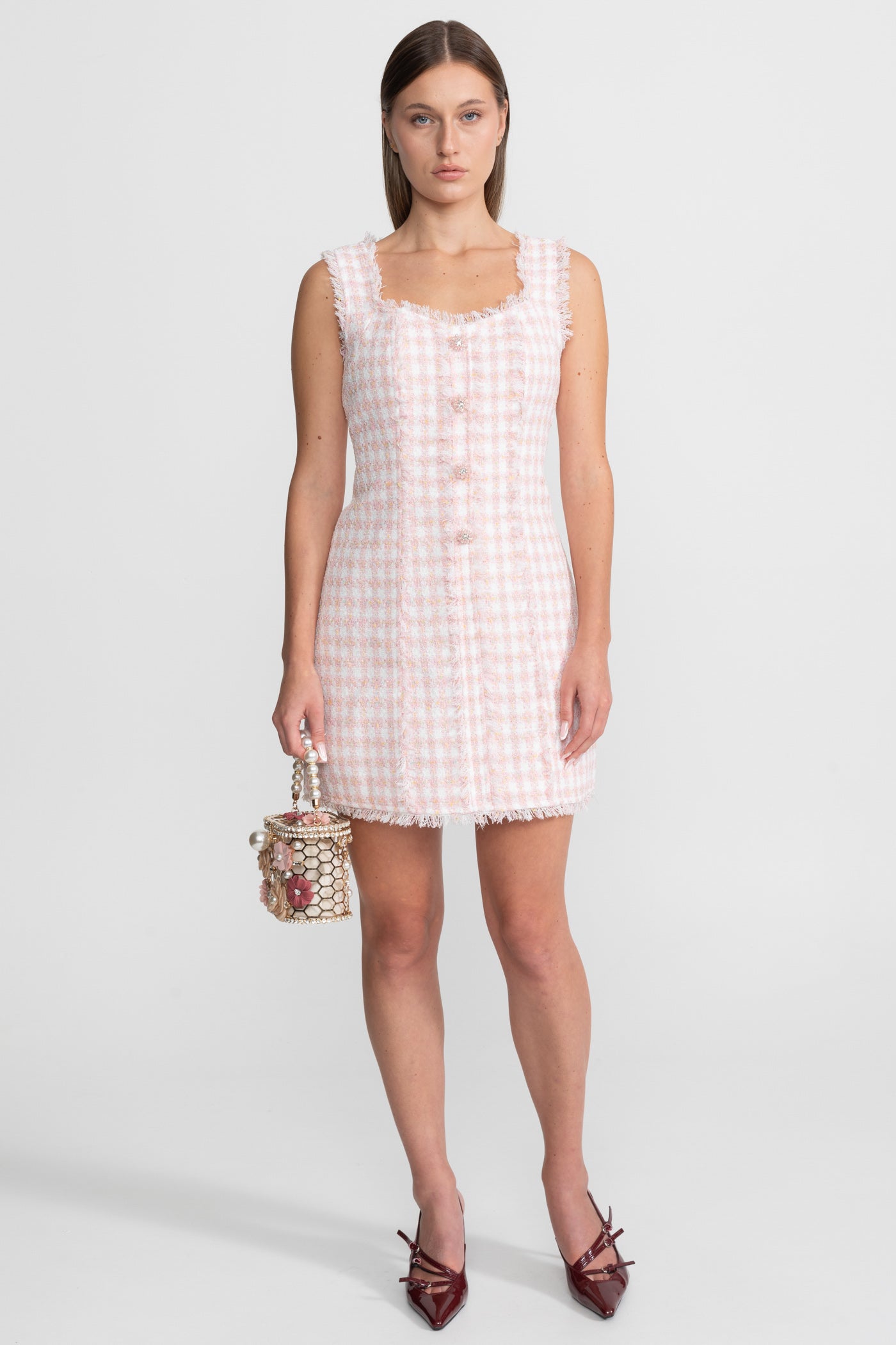 Sleeveless Tweed Mini Dress With Frayed Trim – Blush Pink