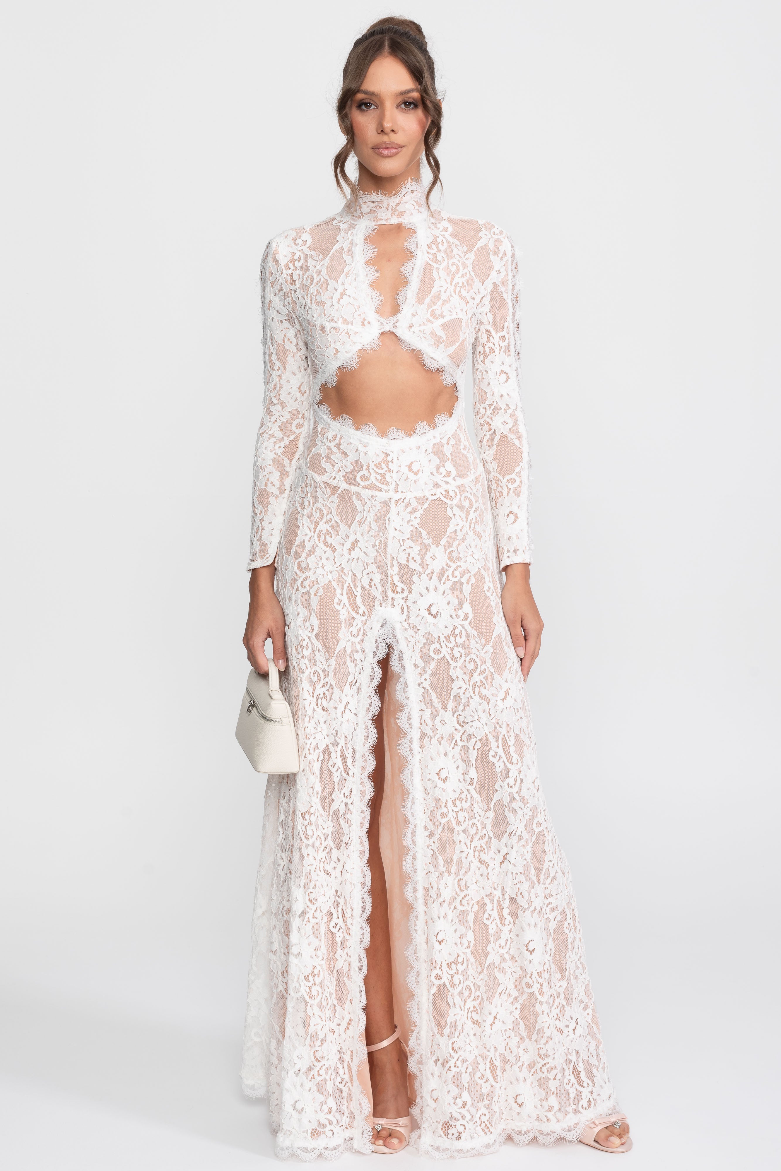 Elegant Lace Gown With High Neck, Front Cutout And Slit - White