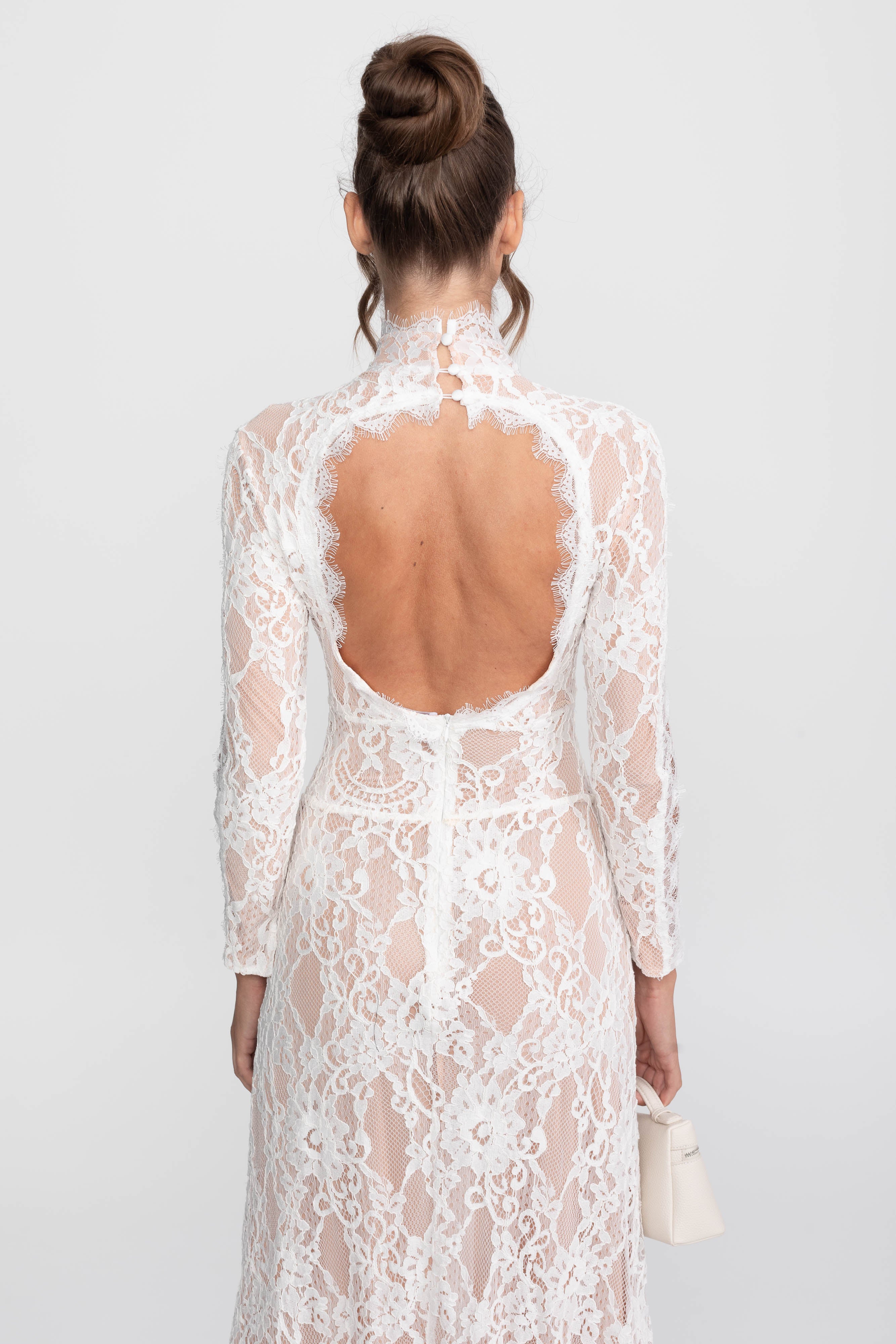 Elegant Lace Gown With High Neck, Front Cutout And Slit - White