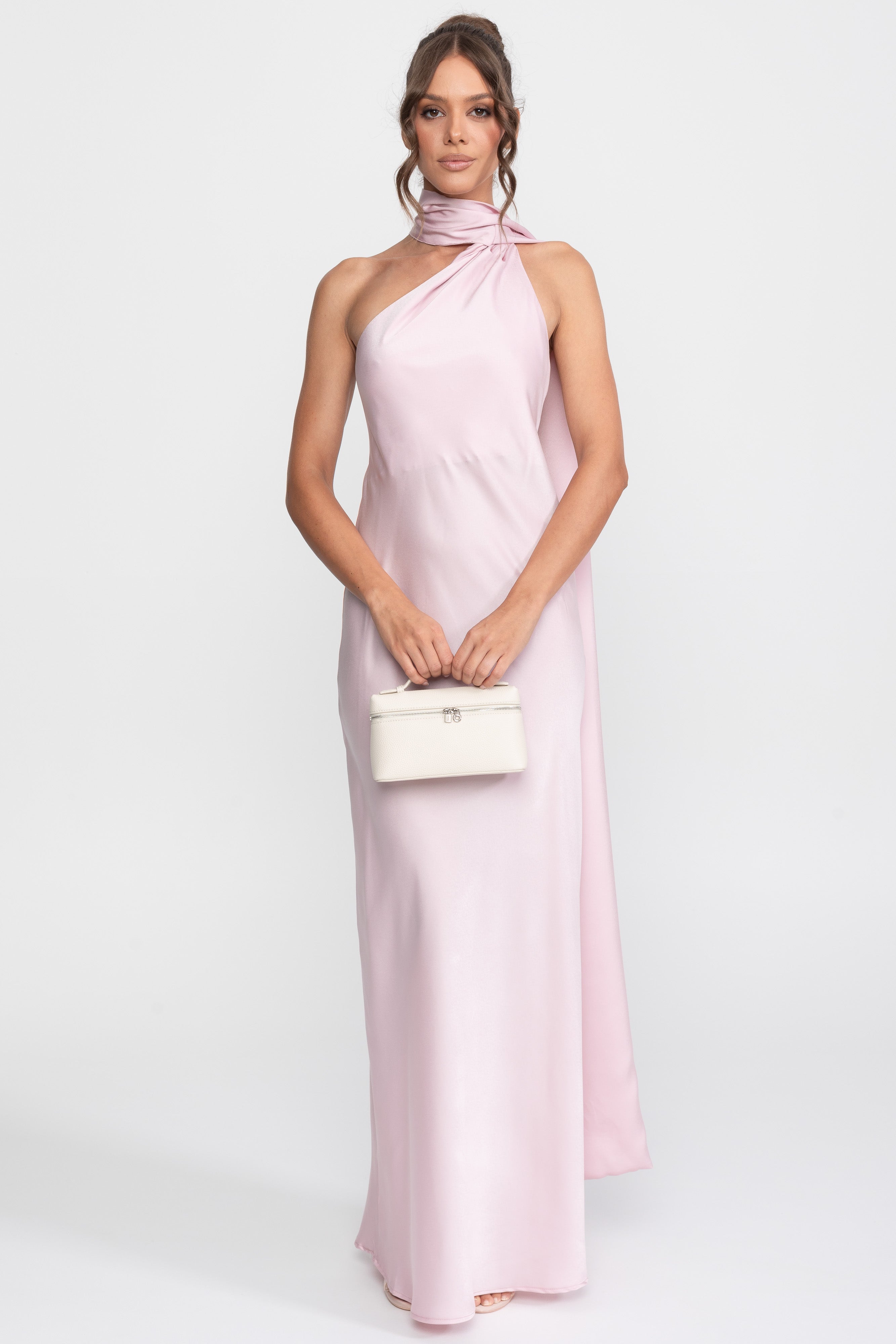 Twist Halter Satin Slip Dress With Asymmetric Neckline - Pink