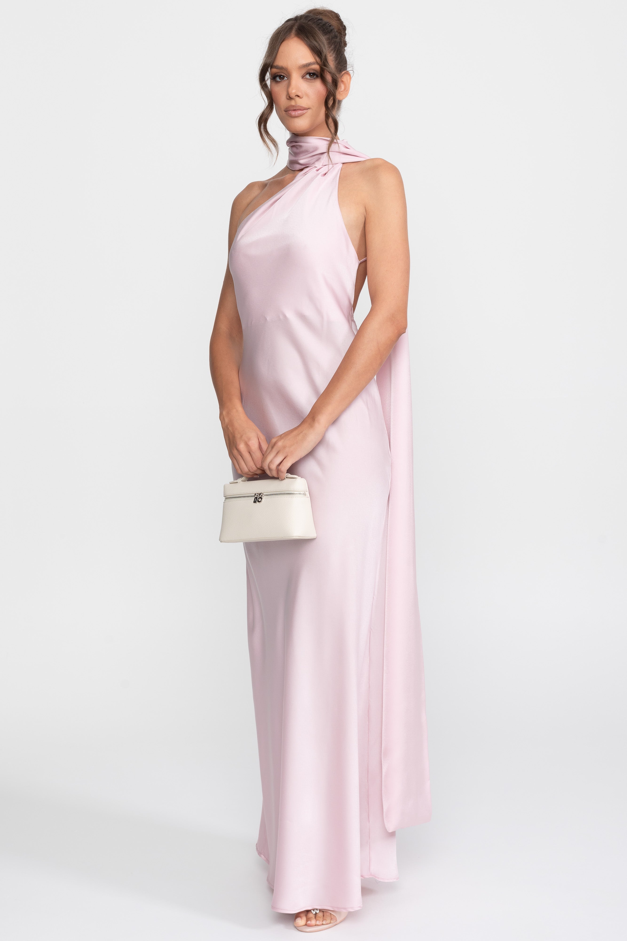 Twist Halter Satin Slip Dress With Asymmetric Neckline - Pink