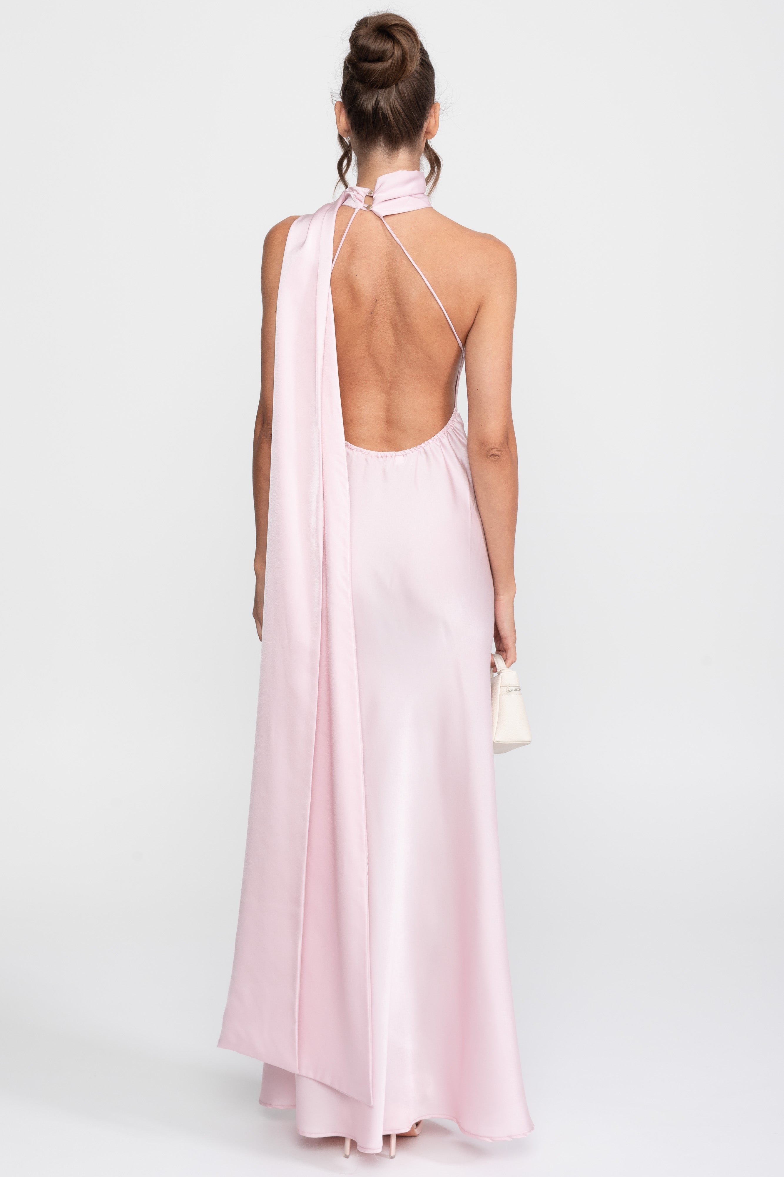 Twist Halter Satin Slip Dress With Asymmetric Neckline - Pink