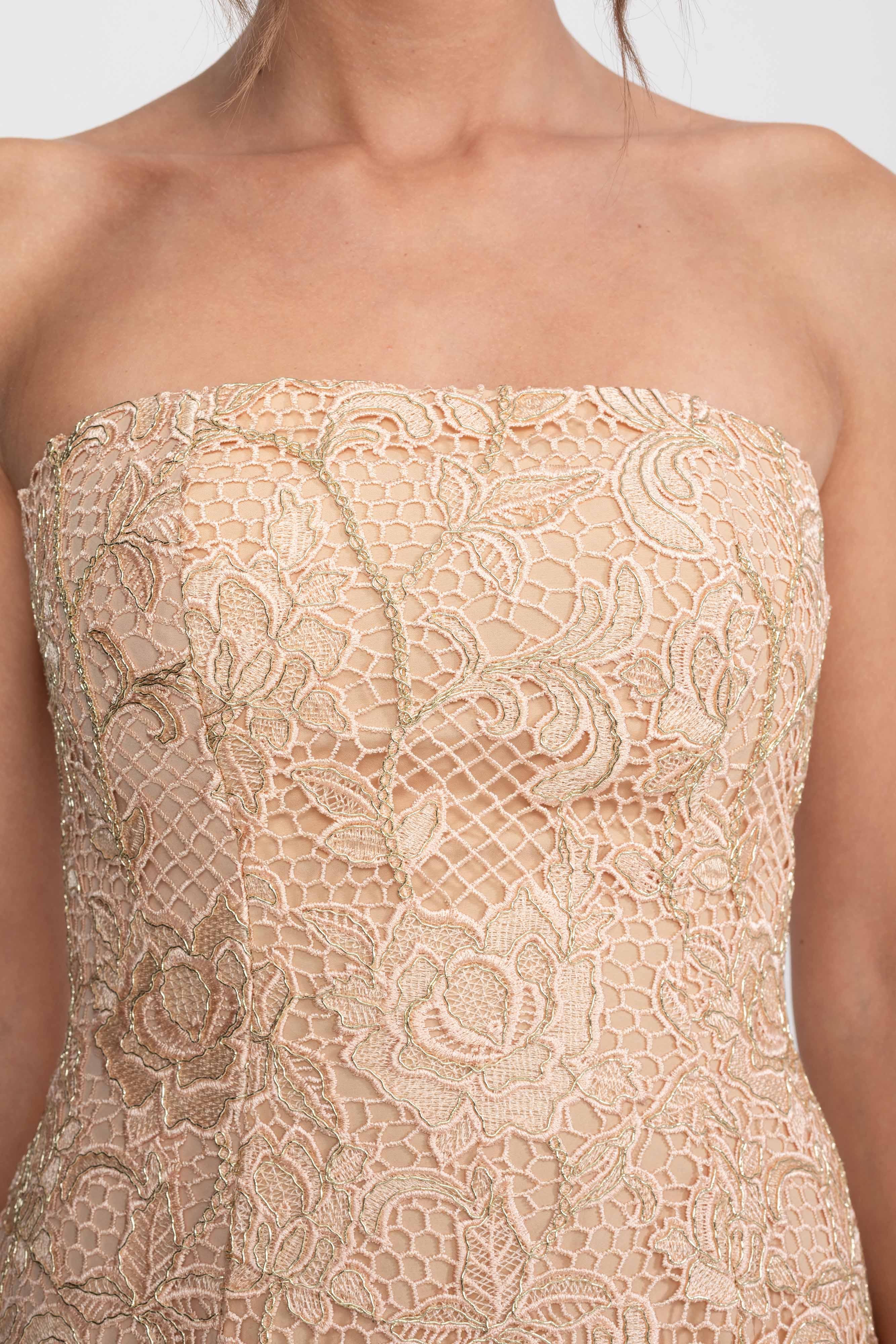 Strapless Floral Lace Ballgown With Full A-Line Skirt - Gold