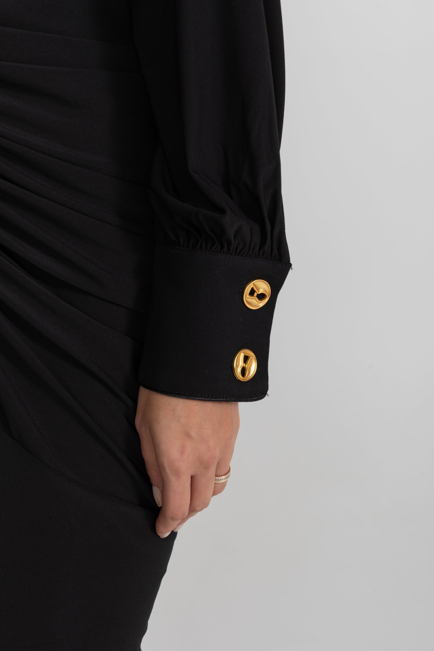 Draped Maxi Dress with Gold Statement Buttons - Black