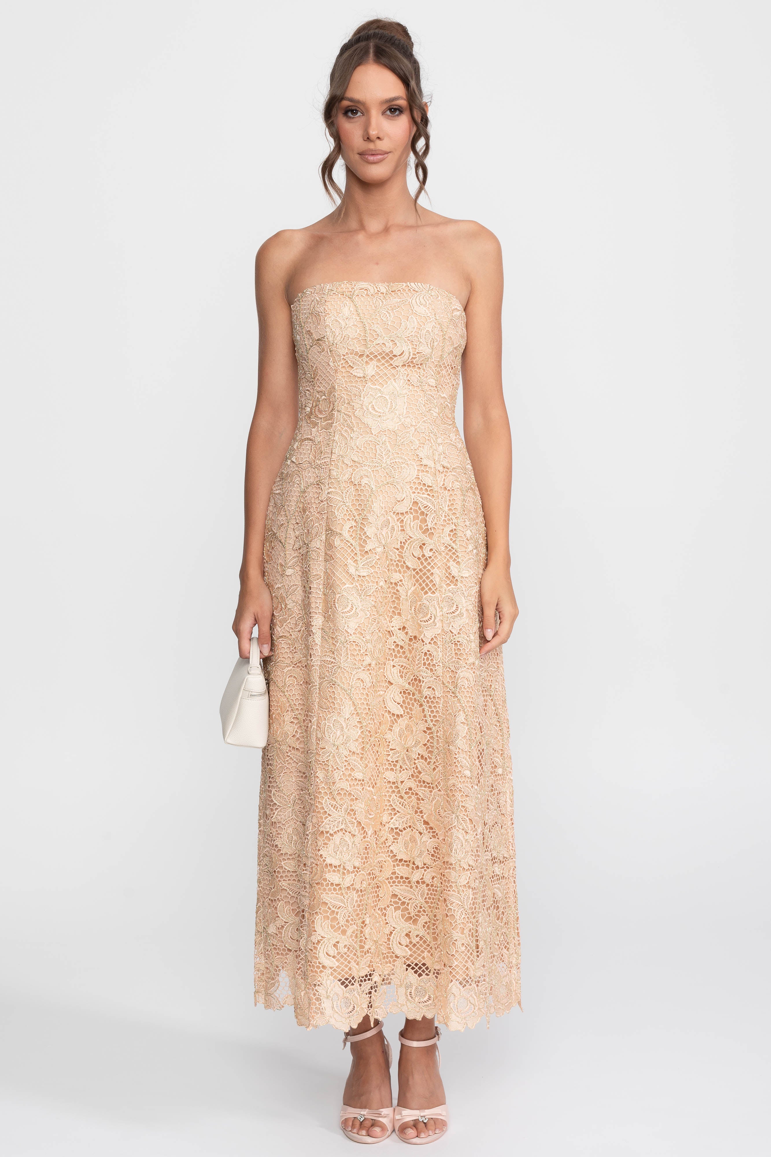 Strapless Floral Lace Ballgown With Full A-Line Skirt - Gold