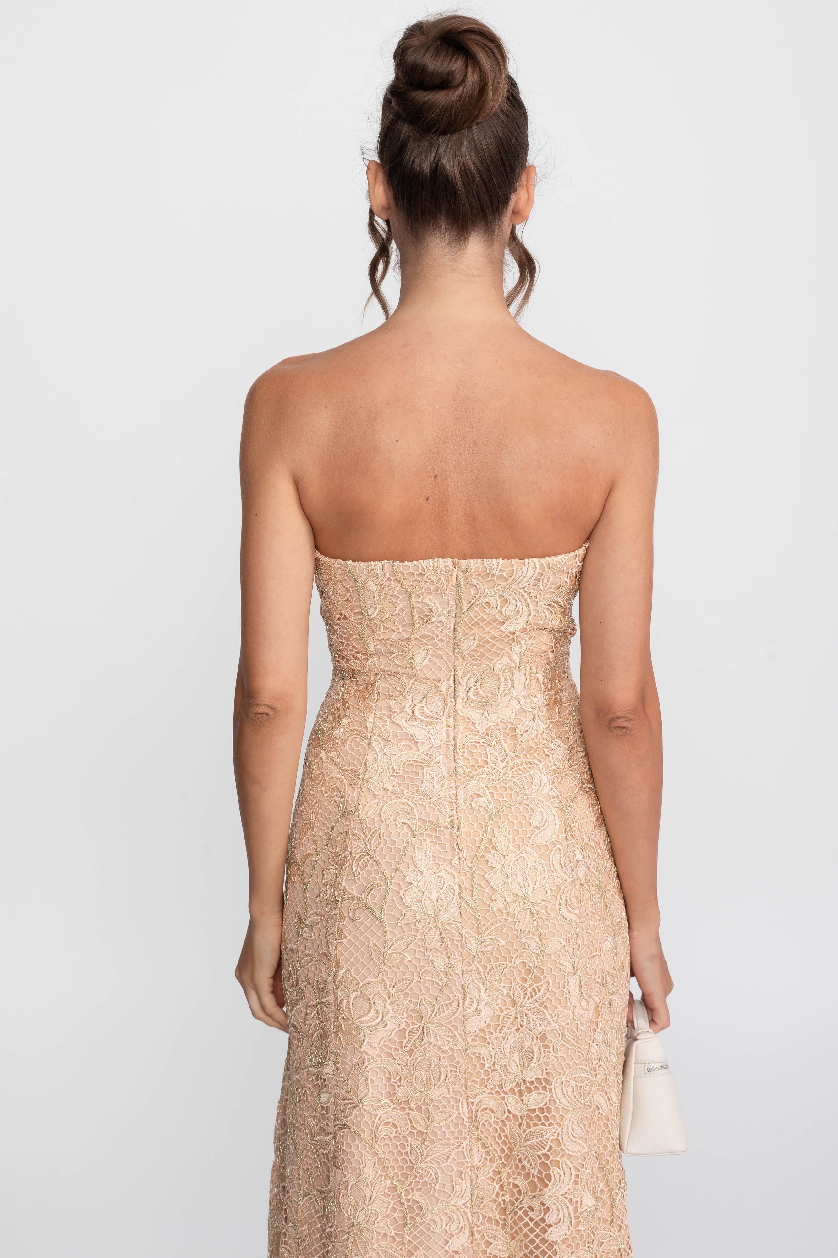 Strapless Floral Lace Ballgown With Full A-Line Skirt - Gold