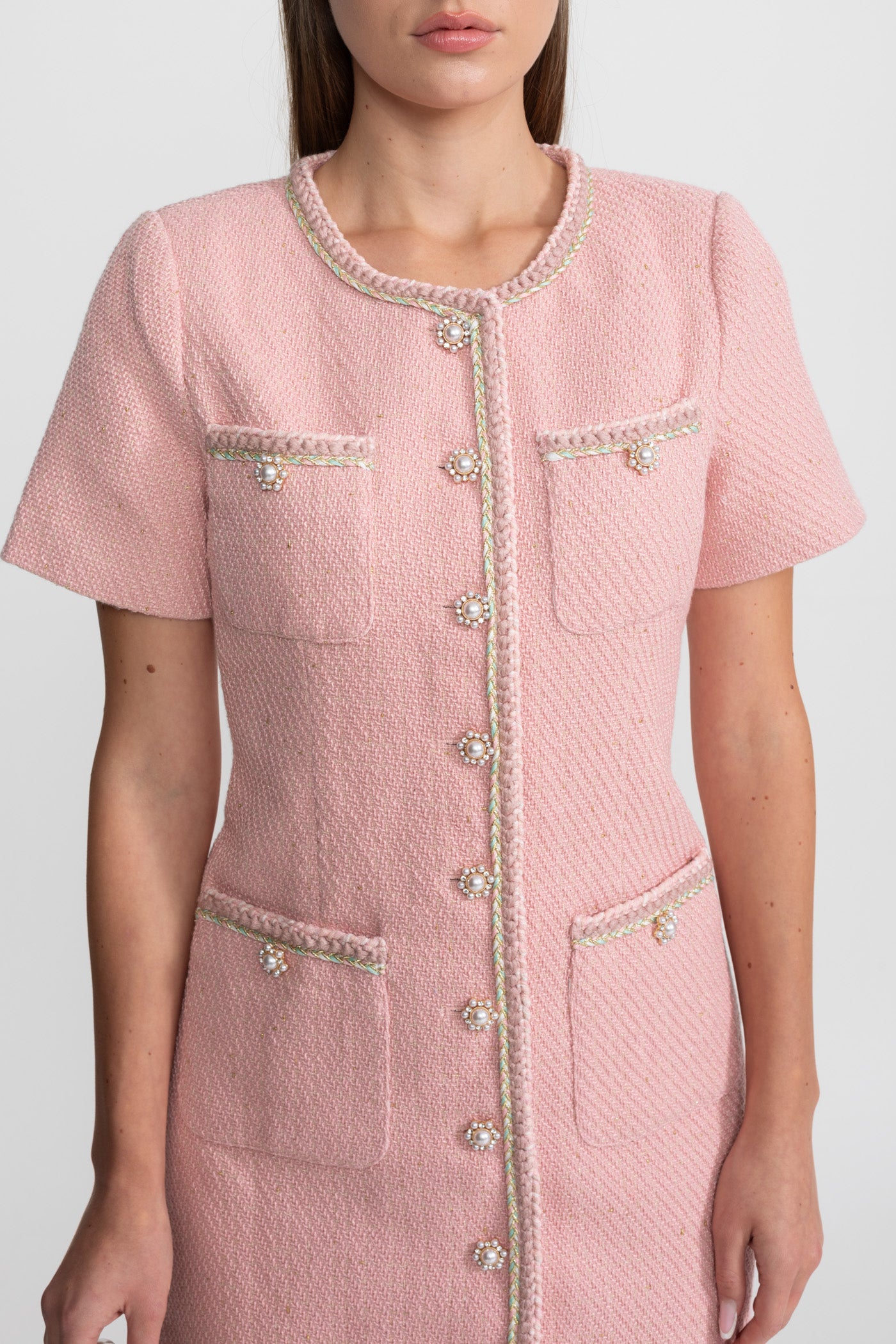 Short Sleeve Tweed Mini Dress With Pearl Buttons – Blush Pink