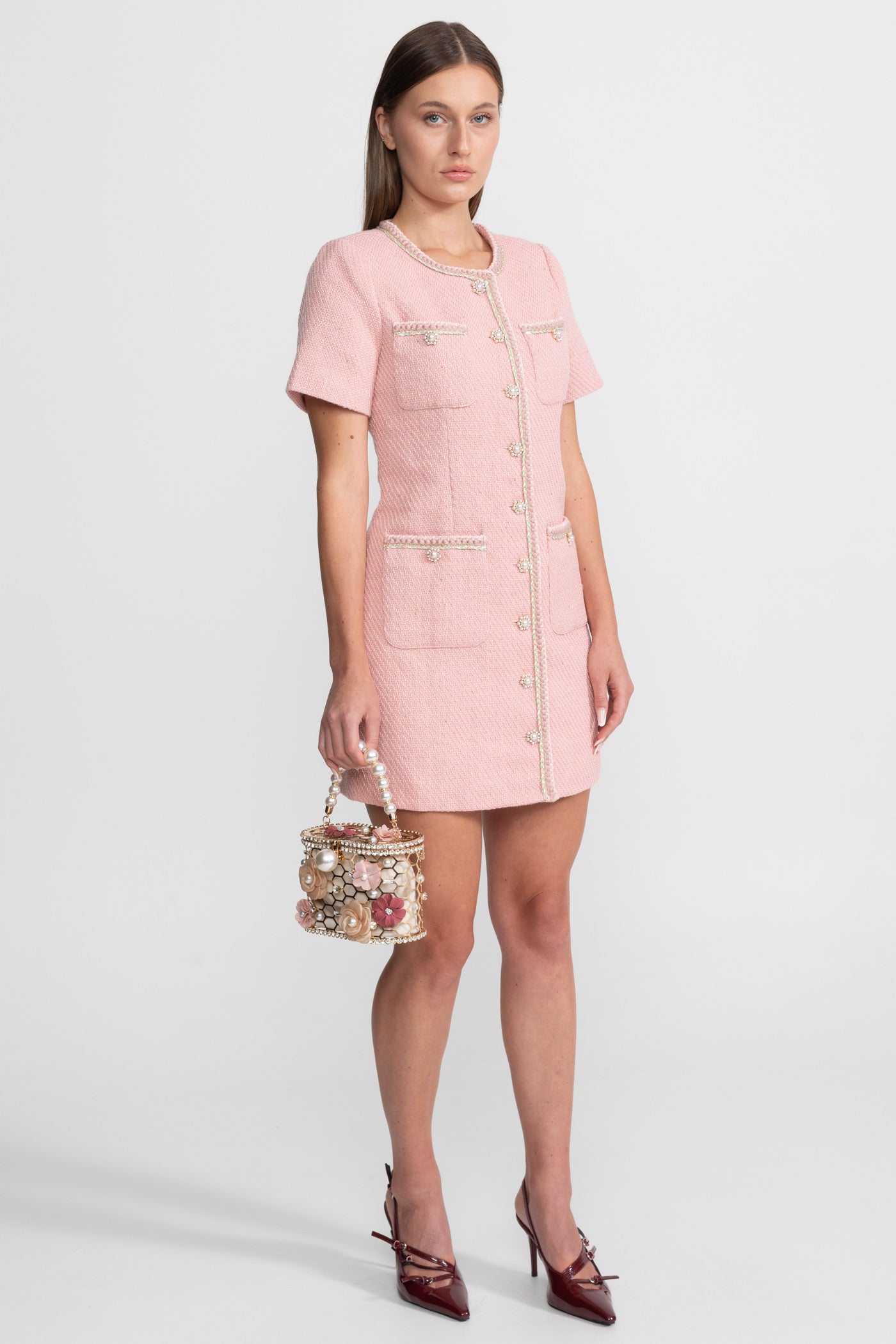 Short Sleeve Tweed Mini Dress With Pearl Buttons – Blush Pink