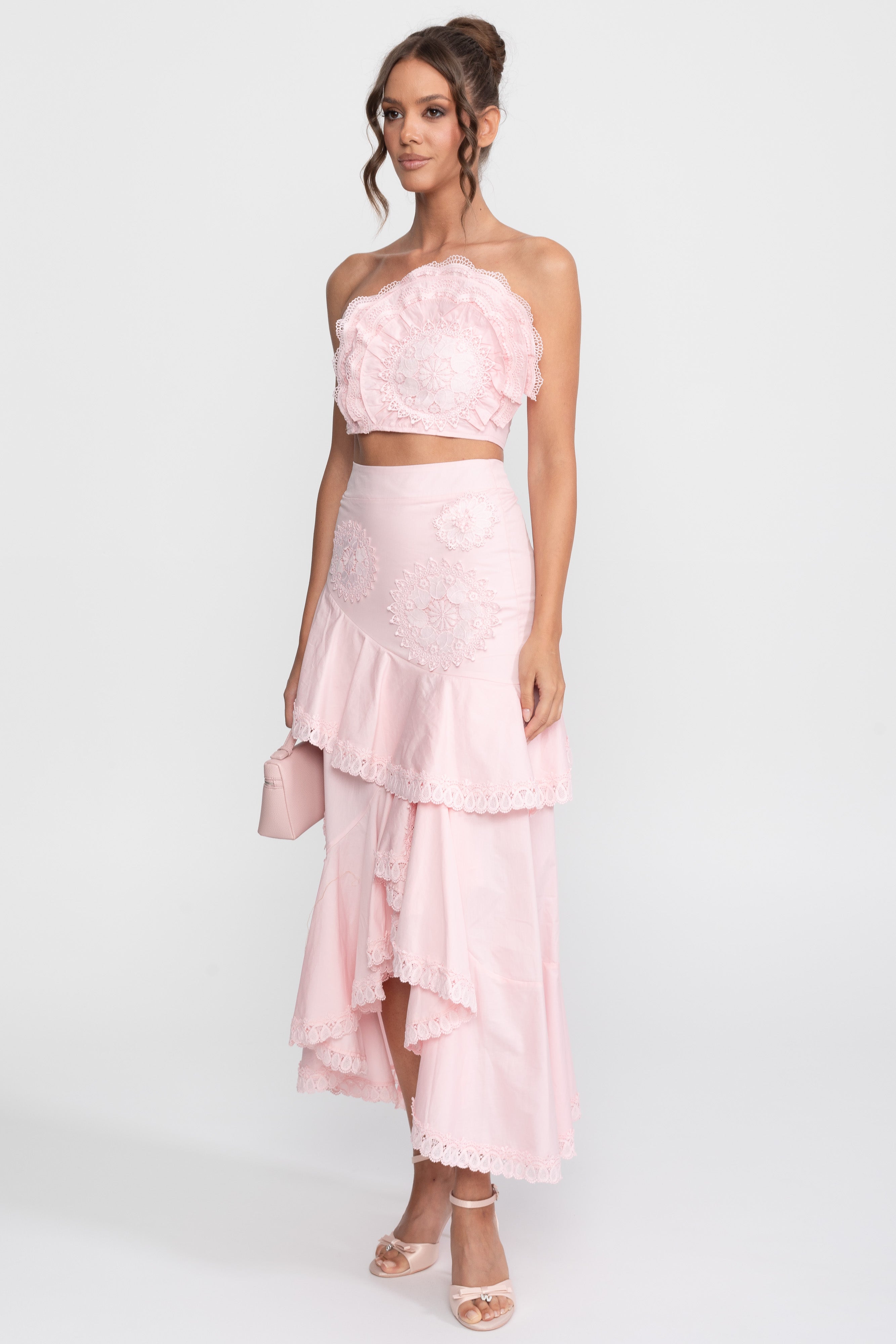 Crochet Medallion Two-Piece Set With Ruffled Maxi Skirt - Pink