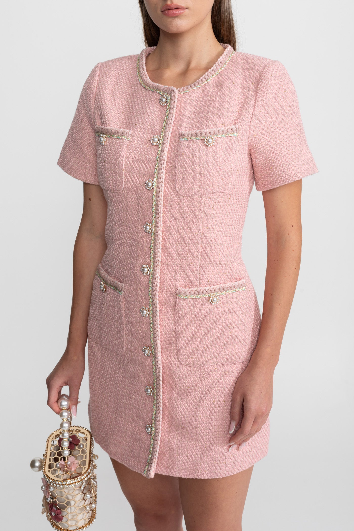 Short Sleeve Tweed Mini Dress With Pearl Buttons – Blush Pink