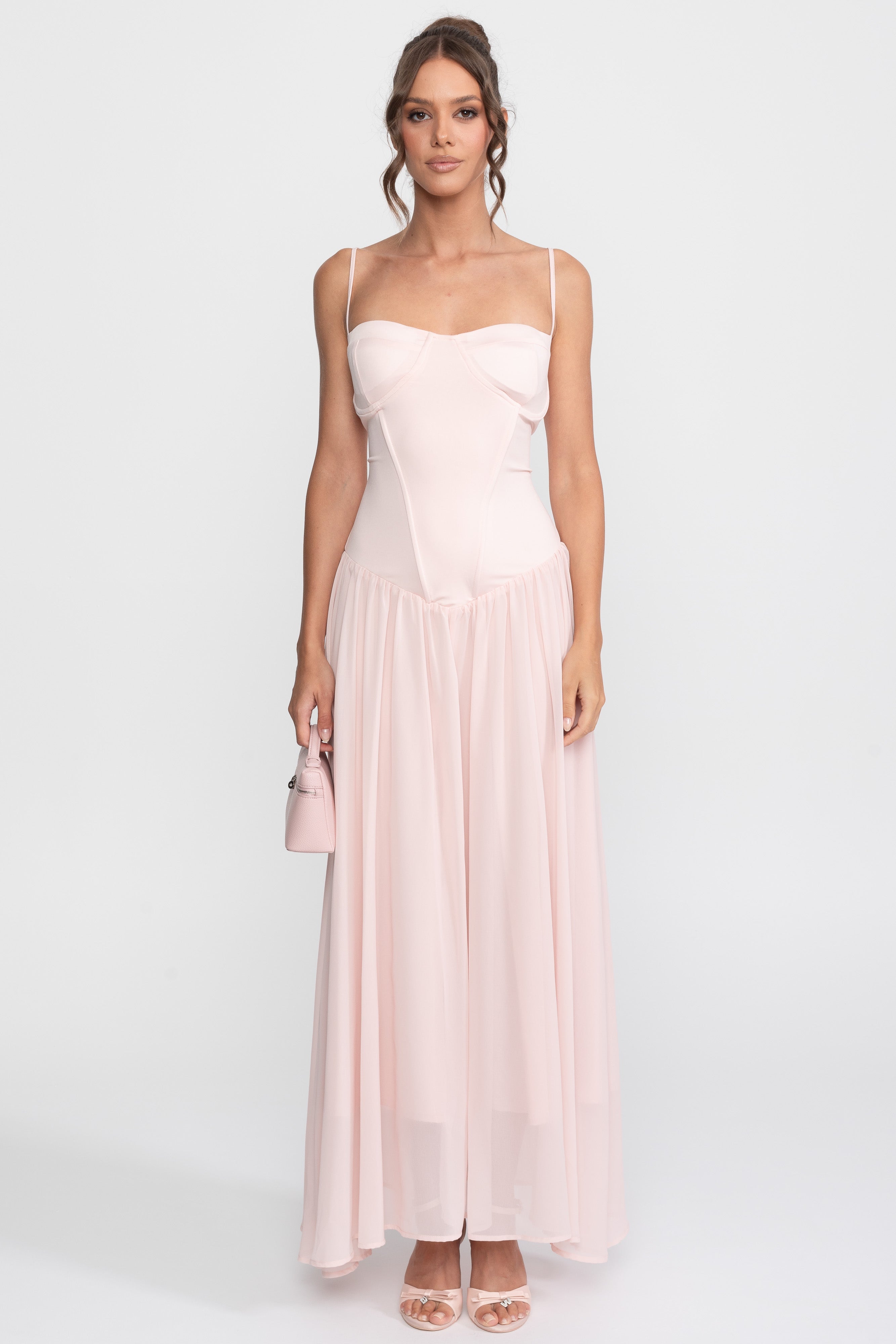 Corset Bodice Chiffon Gown With Dropped Waist - Pink