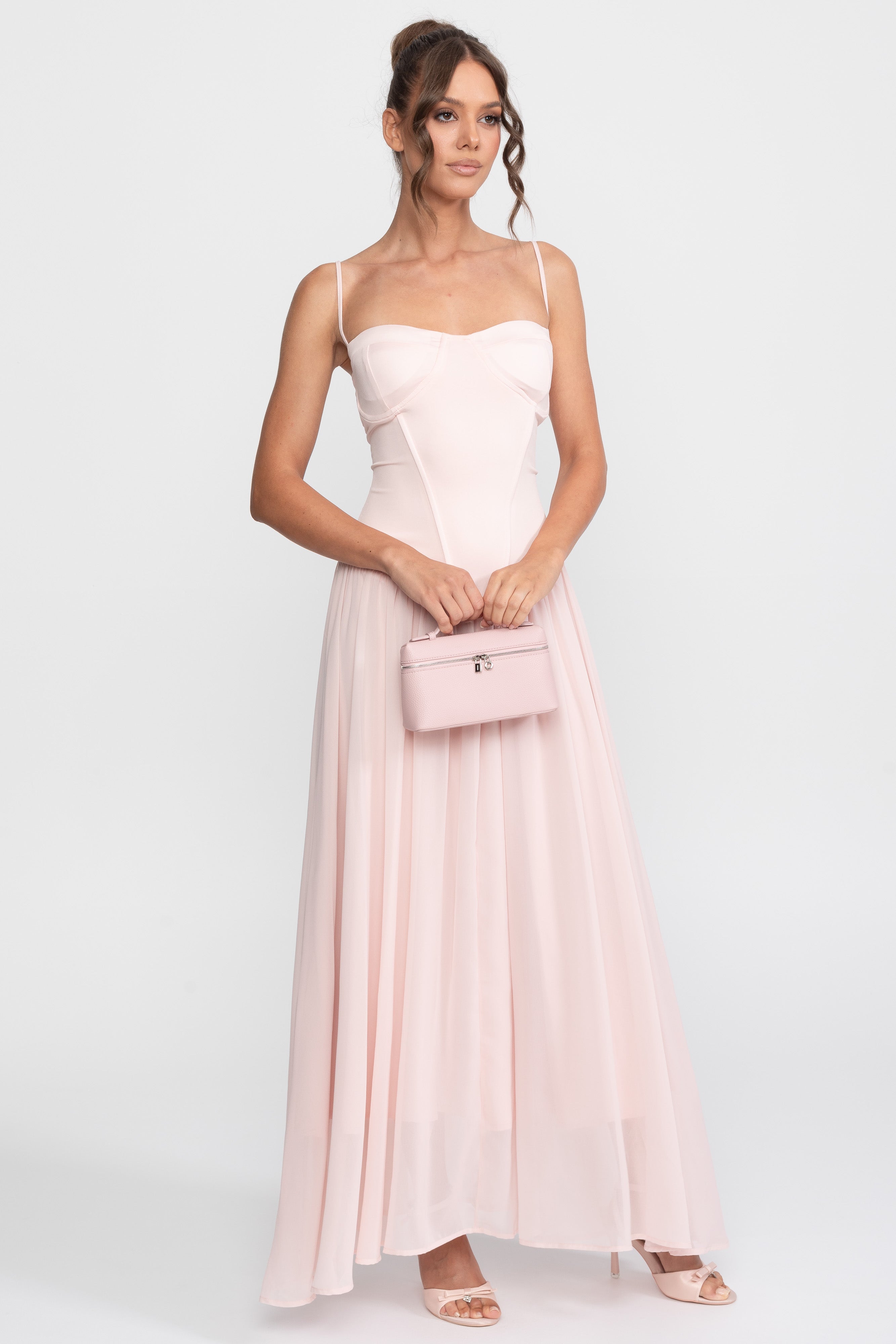 Corset Bodice Chiffon Gown With Dropped Waist - Pink