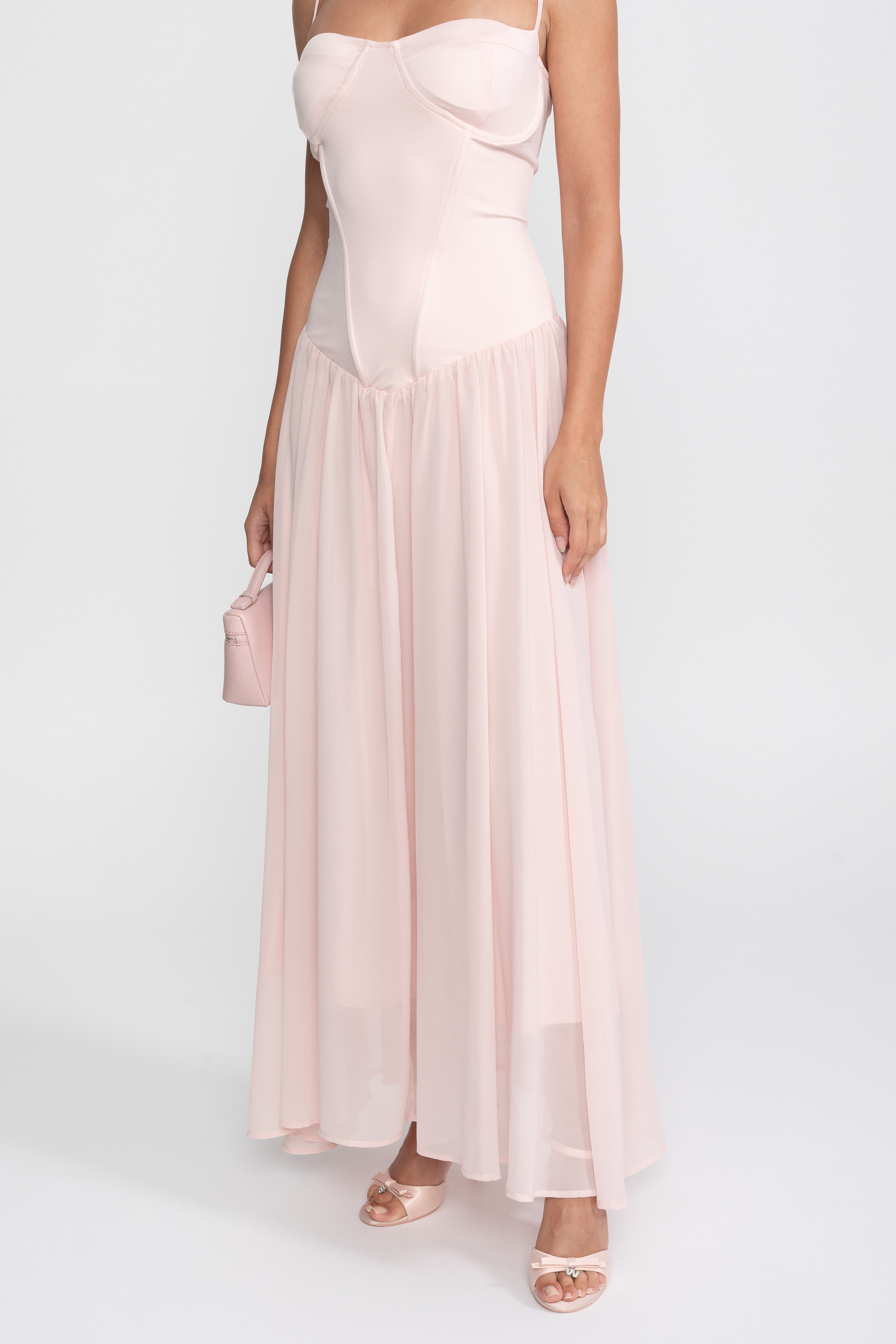 Corset Bodice Chiffon Gown With Dropped Waist - Pink