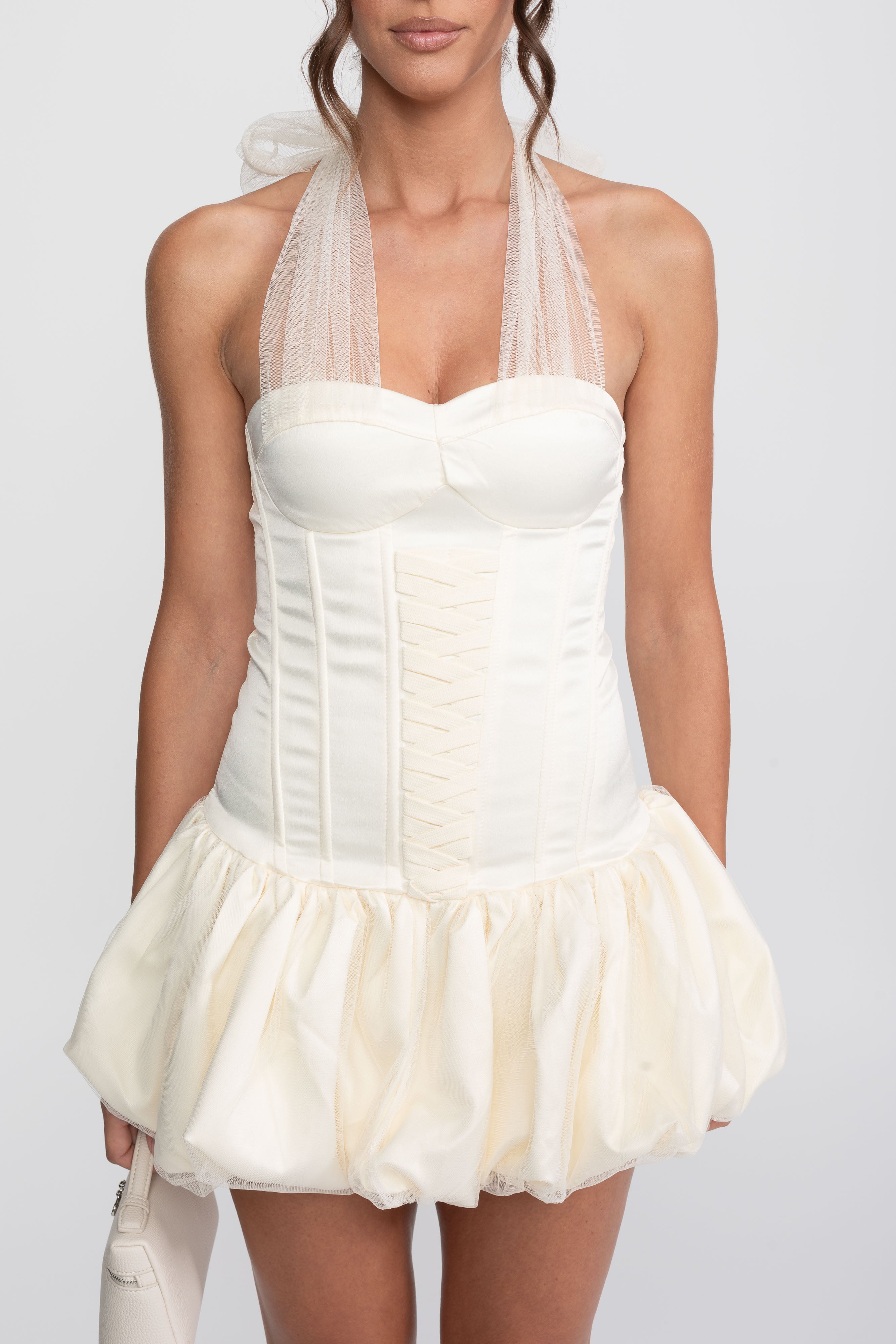Corset Bubble Hem Mini Dress With Sheer Halter Tie - Ivoire