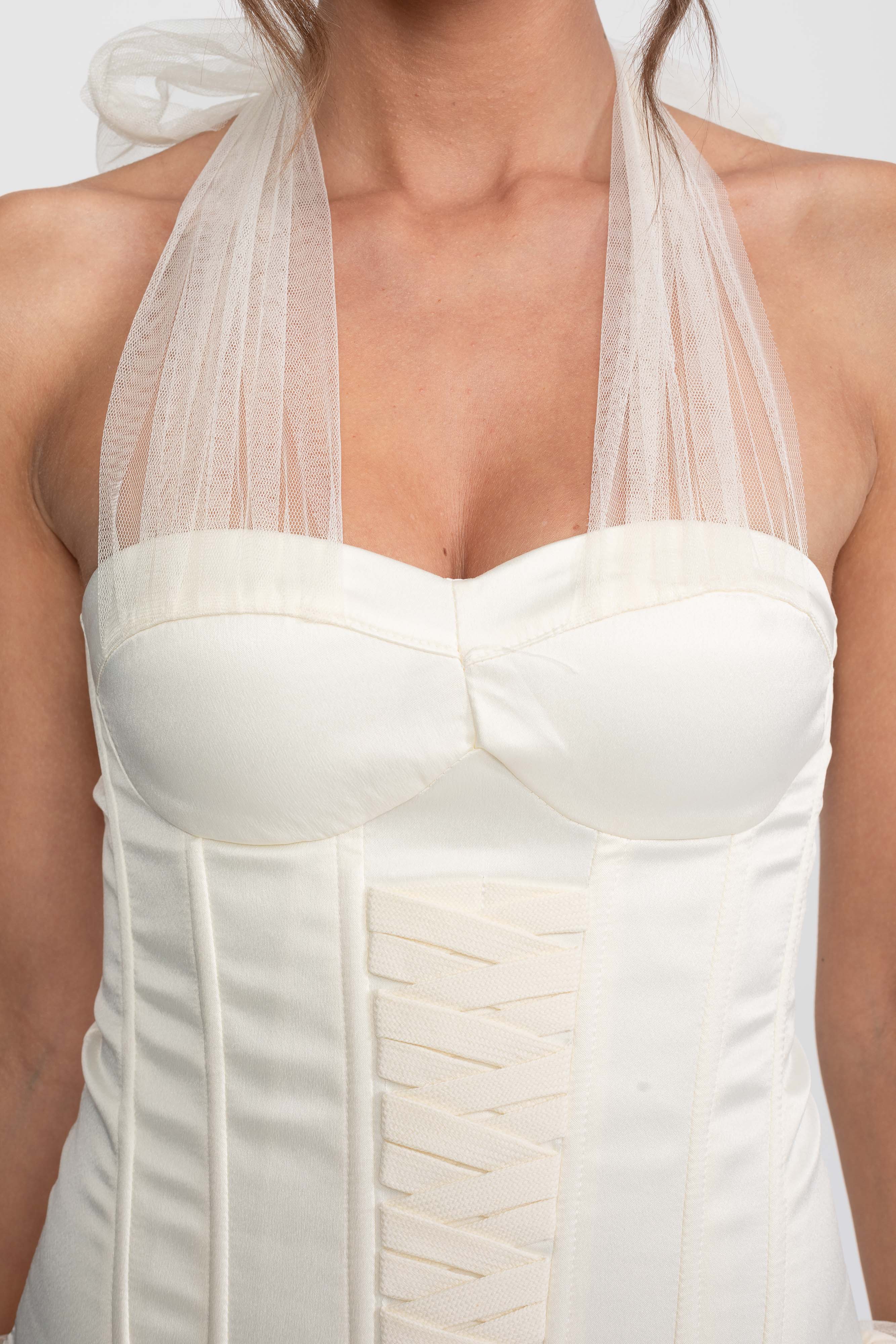 Corset Bubble Hem Mini Dress With Sheer Halter Tie - Ivoire