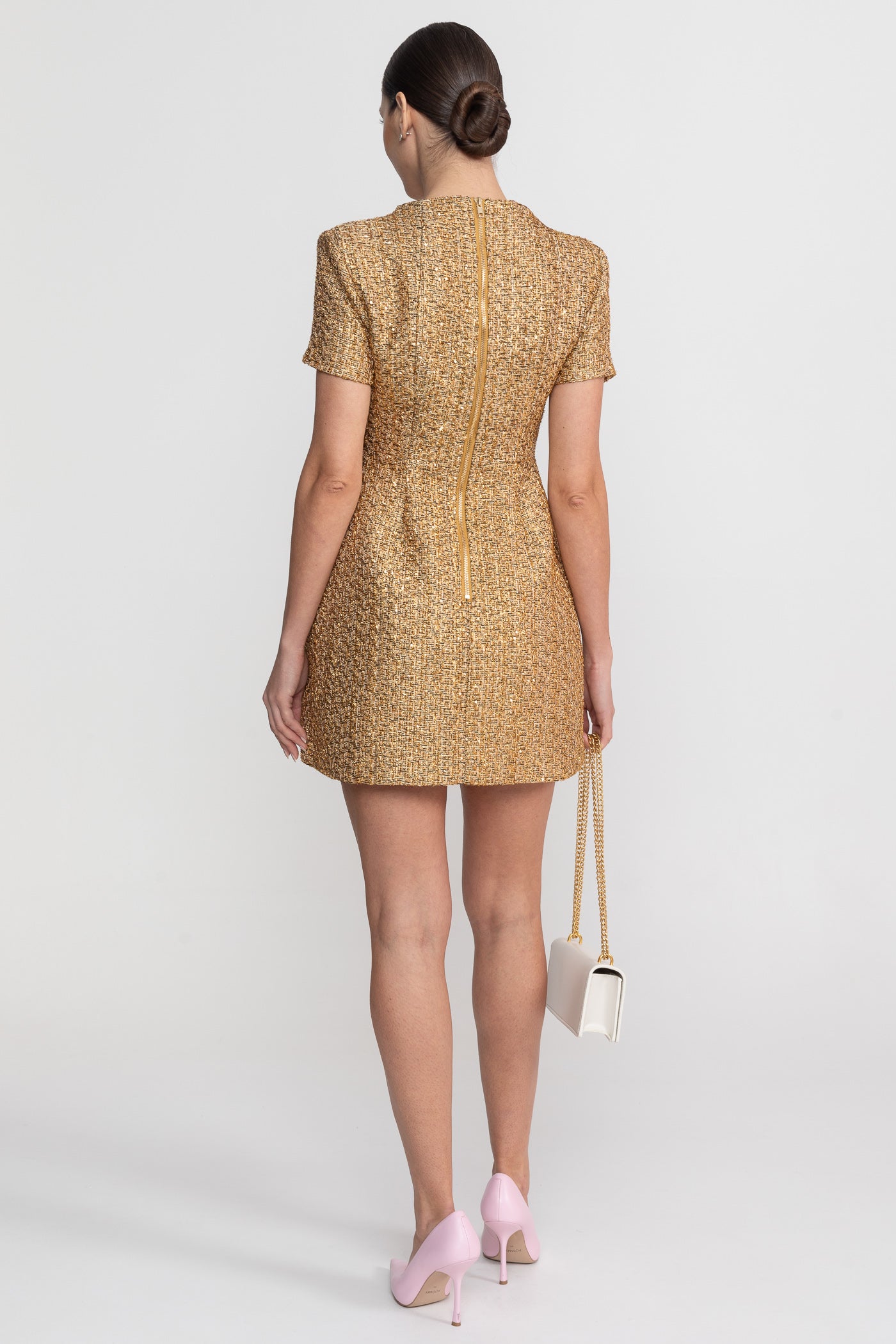 Tweed Mini Dress With Round Neckline And Pearl Button Detail - Gold