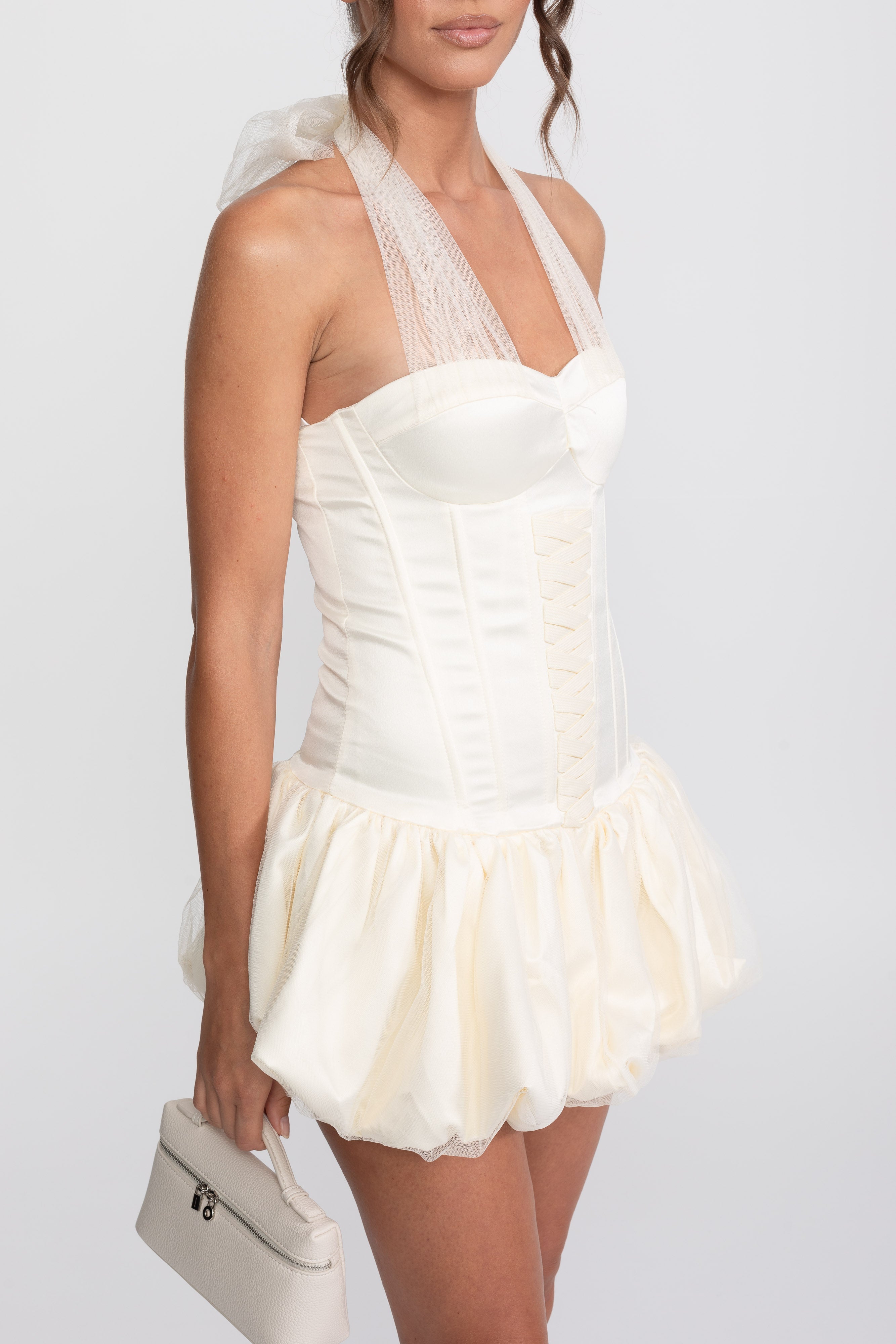Corset Bubble Hem Mini Dress With Sheer Halter Tie - Ivoire