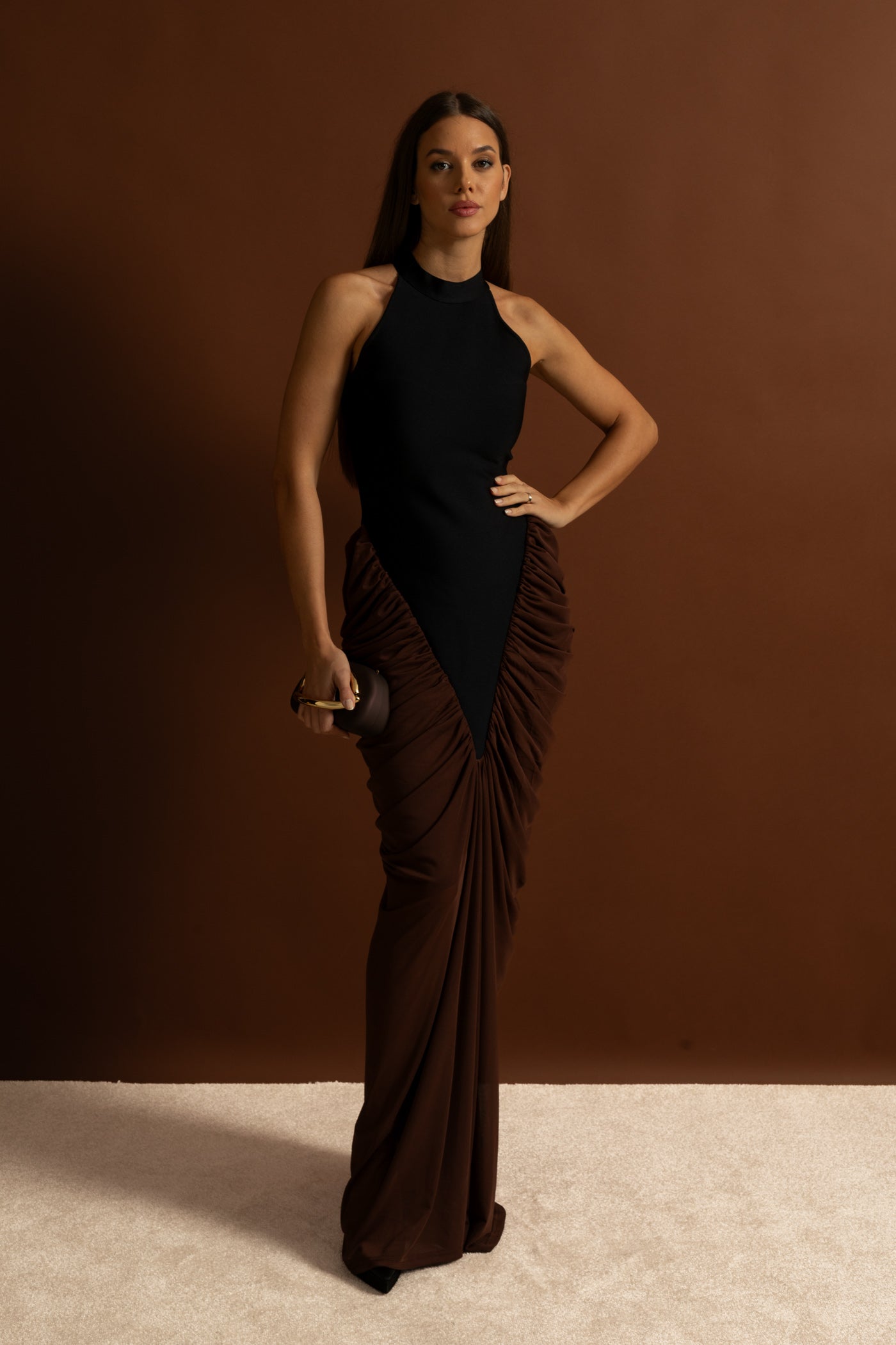 Halter Maxi Dress with Contrasting Ruched Paneling - Black/Brown