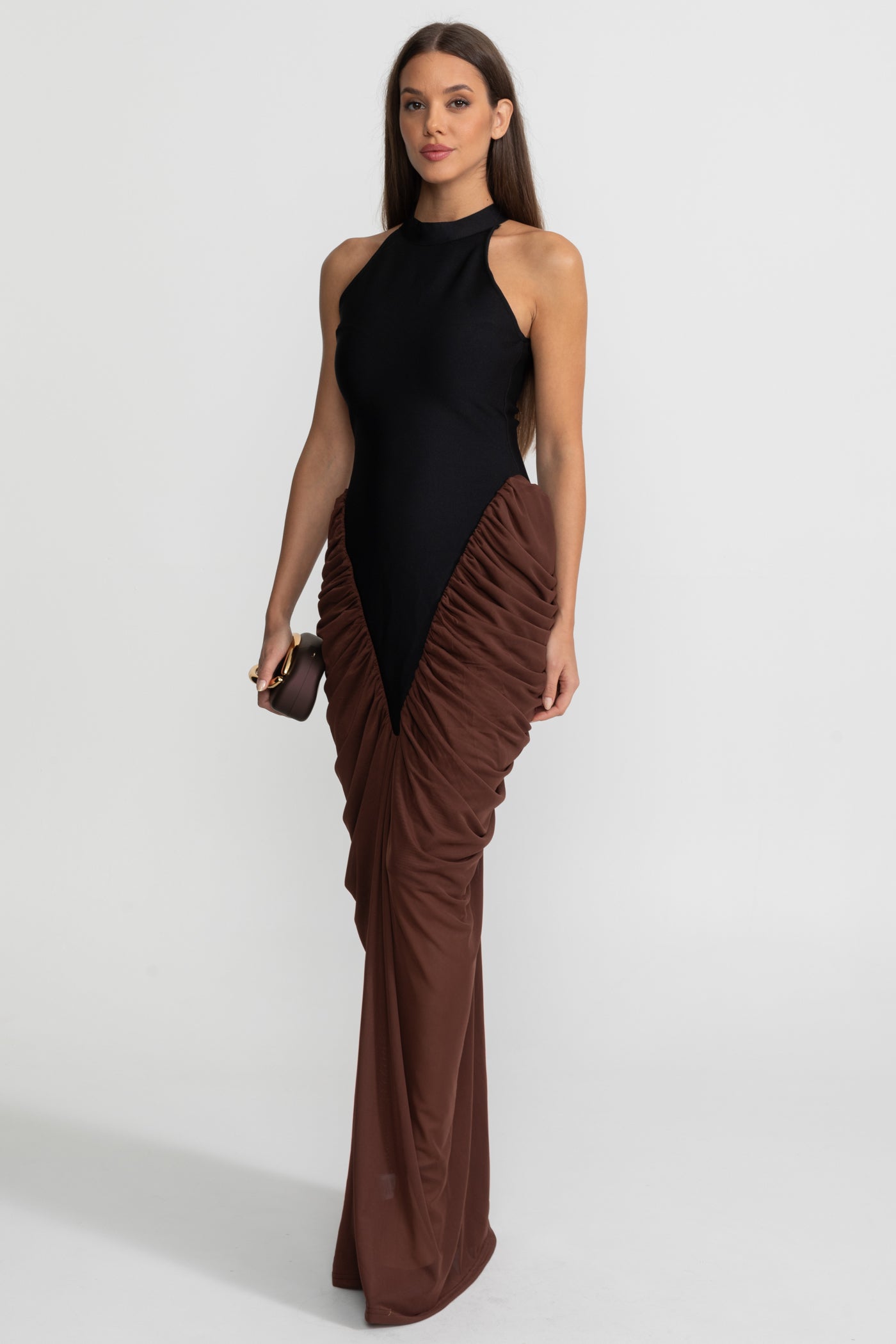 Halter Maxi Dress with Contrasting Ruched Paneling - Black/Brown