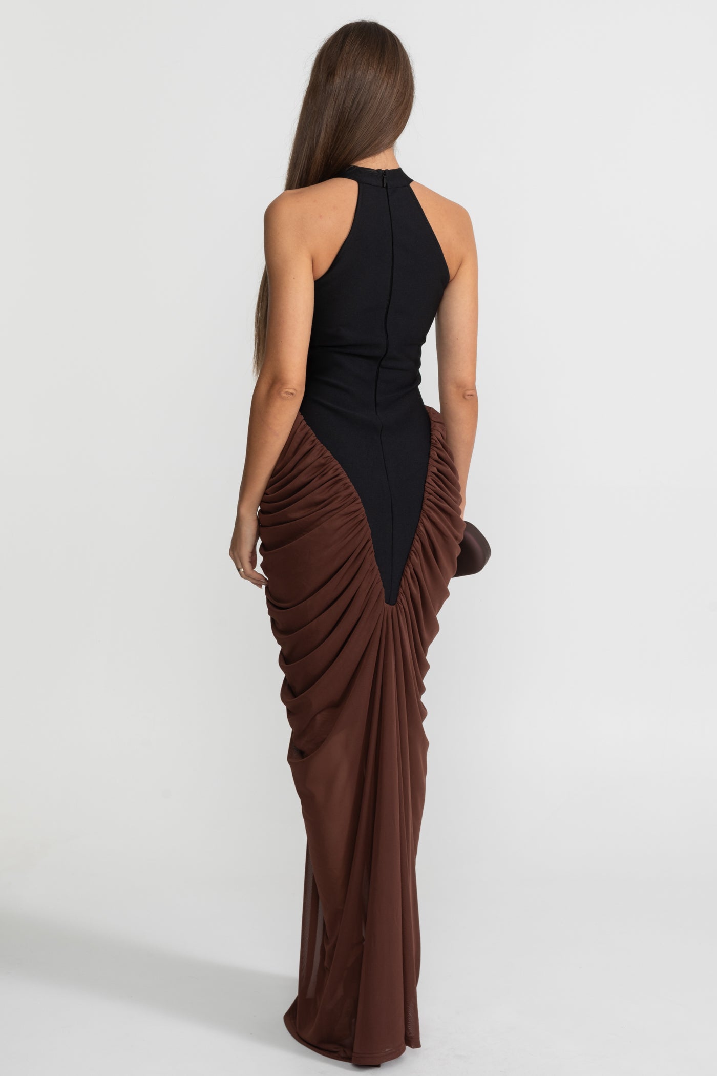 Halter Maxi Dress with Contrasting Ruched Paneling - Black/Brown