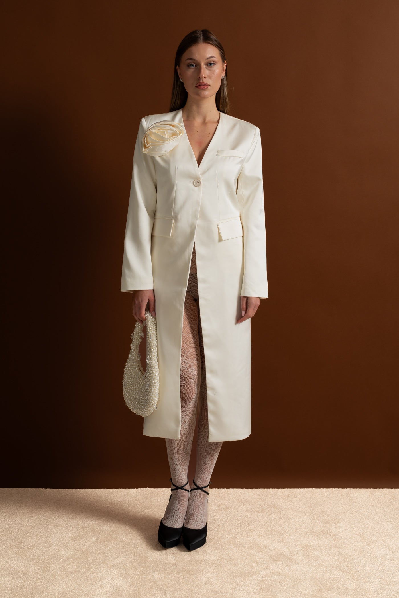 Satin Rose Embellished Blazer Dress – Ivoire