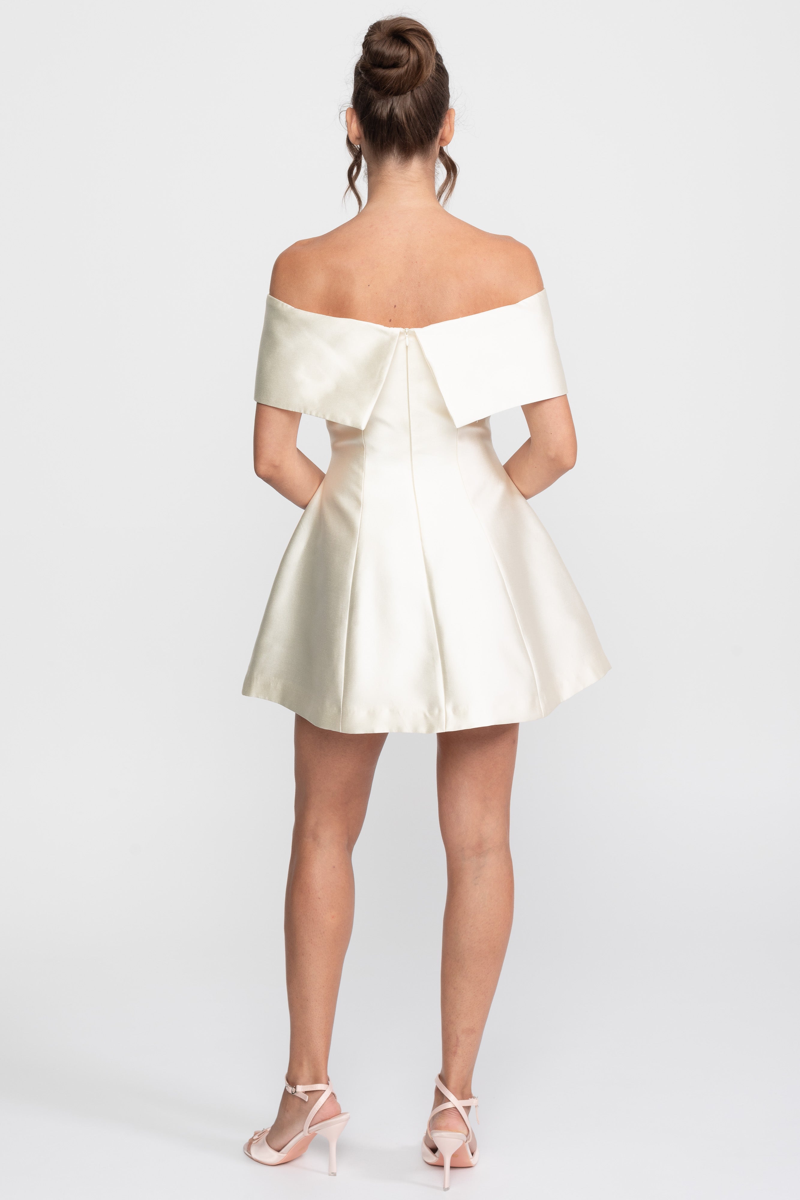 Off-Shoulder Fit-and-Flare Mini Dress With Crystal Brooch - Ivoire
