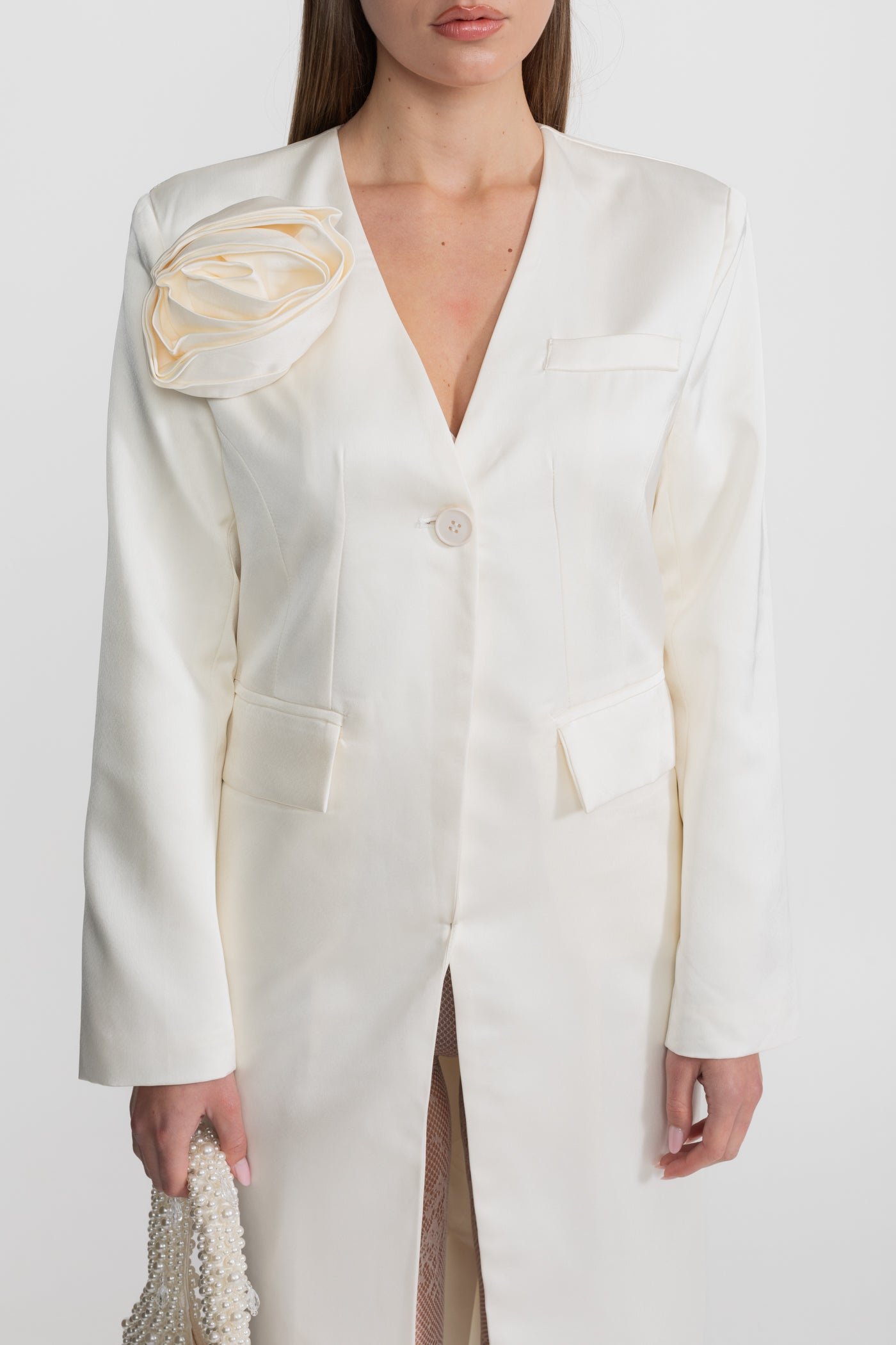 Satin Rose Embellished Blazer Dress – Ivoire