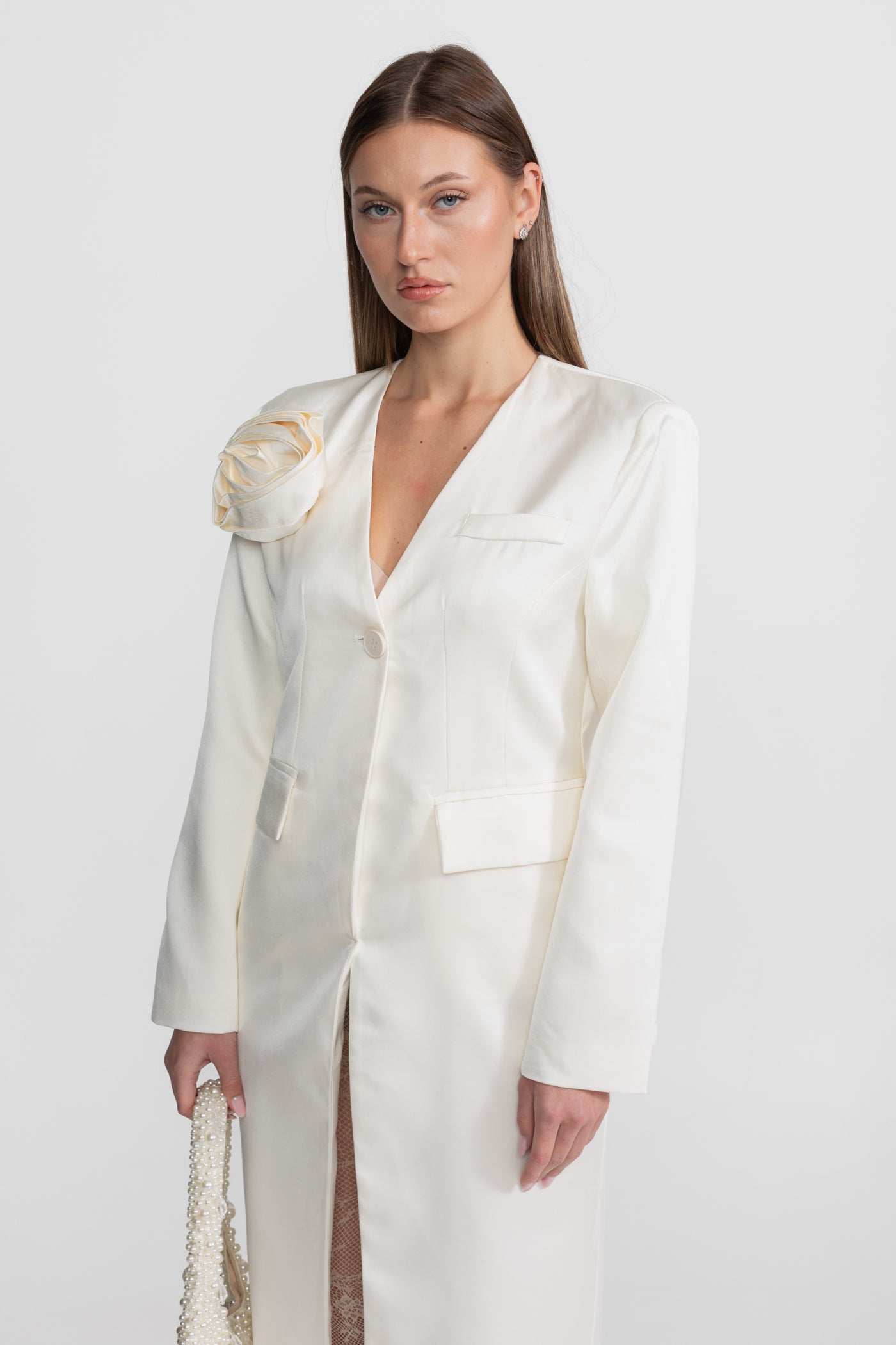 Satin Rose Embellished Blazer Dress – Ivoire