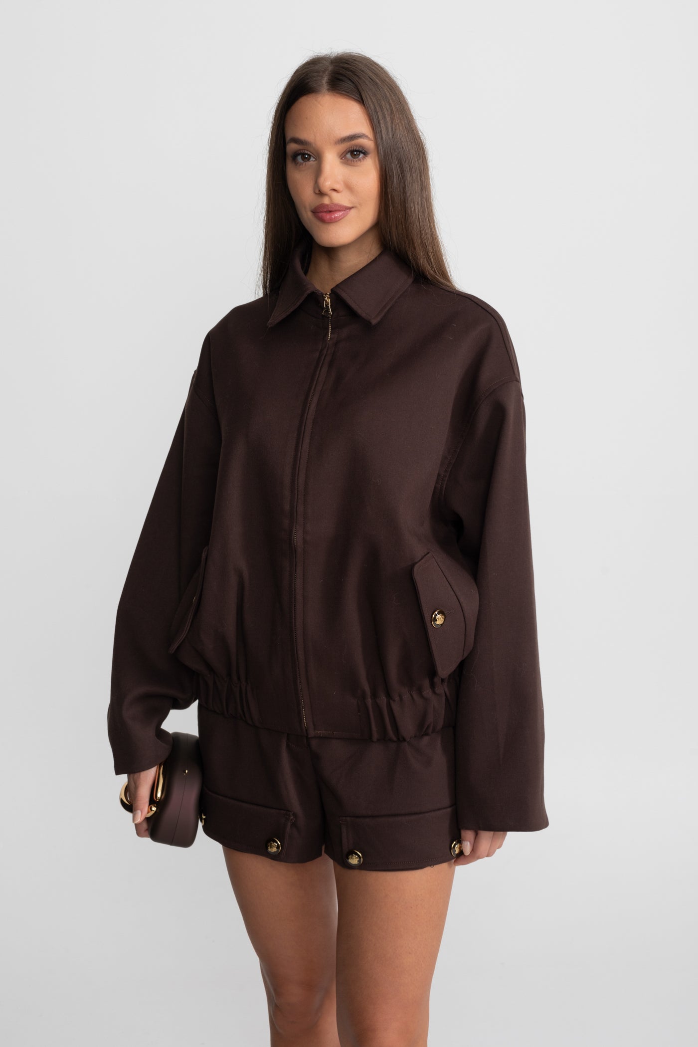 Co-Ord Set With Zip-Up Utility Jacket And Matching Mini Skirt – Brown