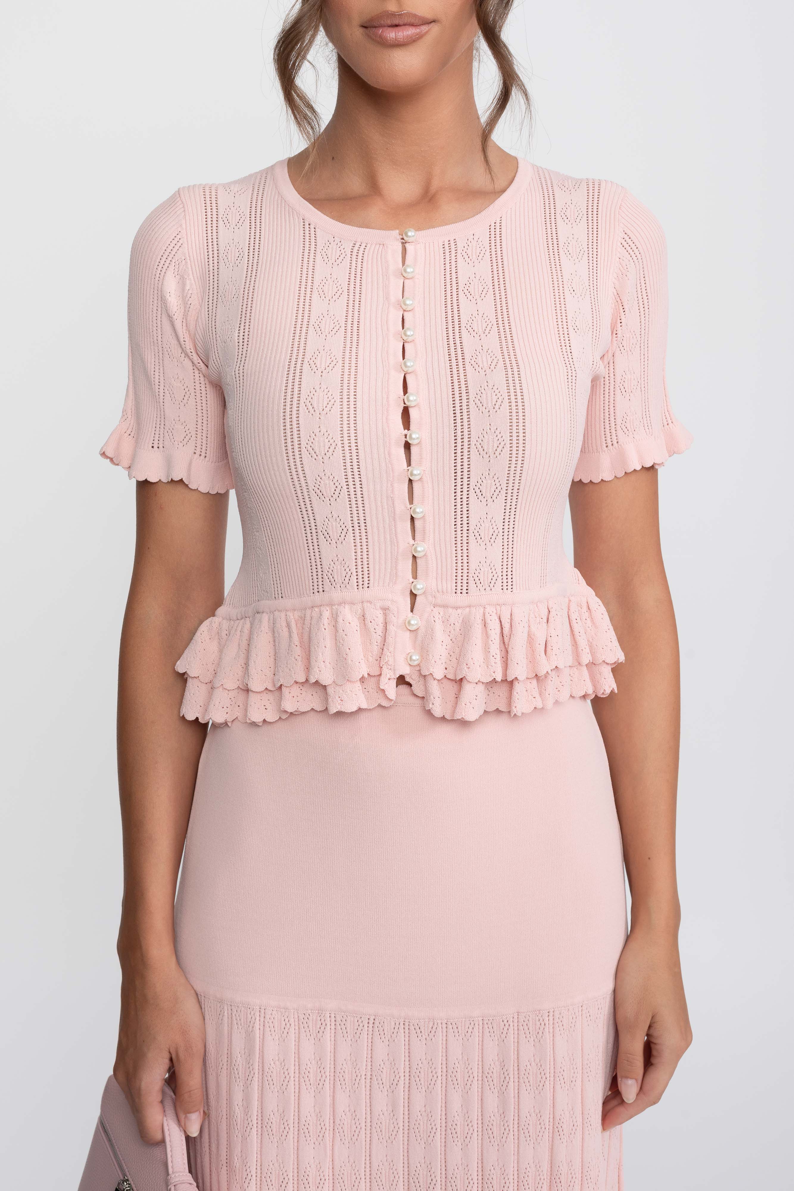 Two-Piece Knit Co-Ord Set With Ruffled Waist - Pink