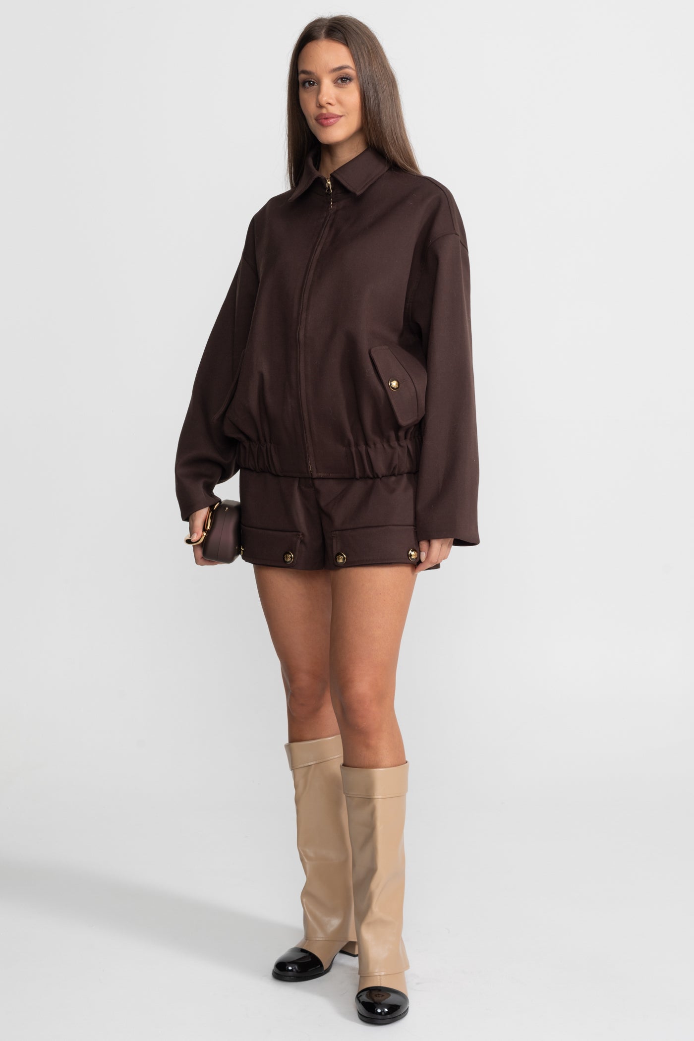 Co-Ord Set With Zip-Up Utility Jacket And Matching Mini Skirt – Brown