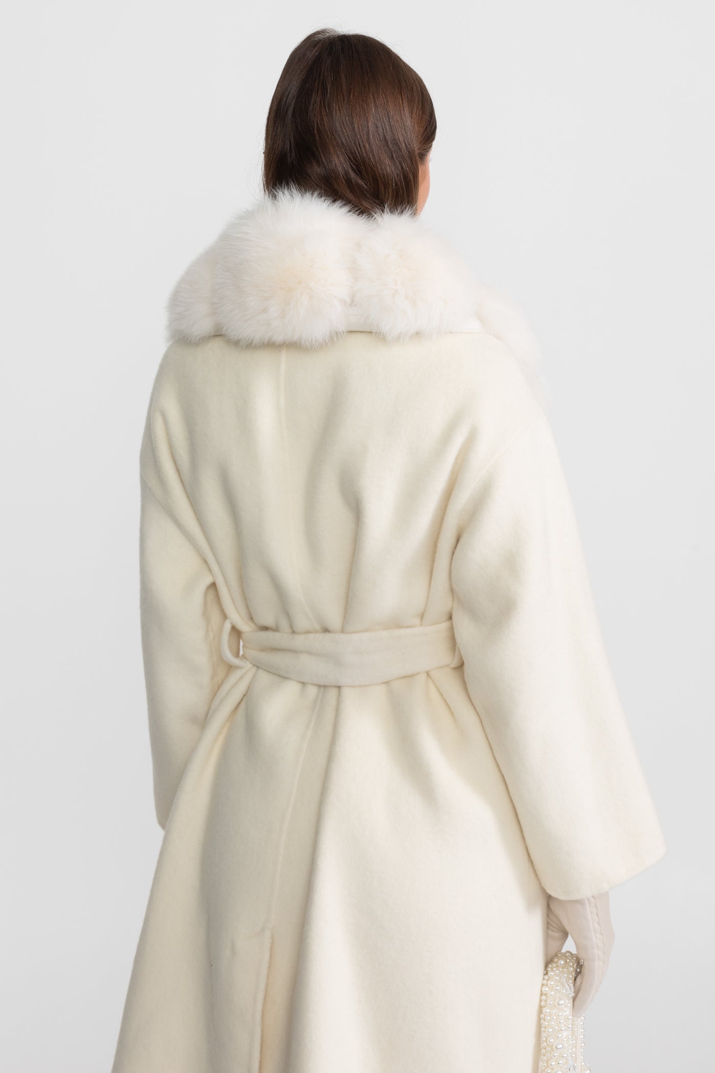 Wool Wrap Coat with Fox Fur Collar And Tie Belt – Ivoire