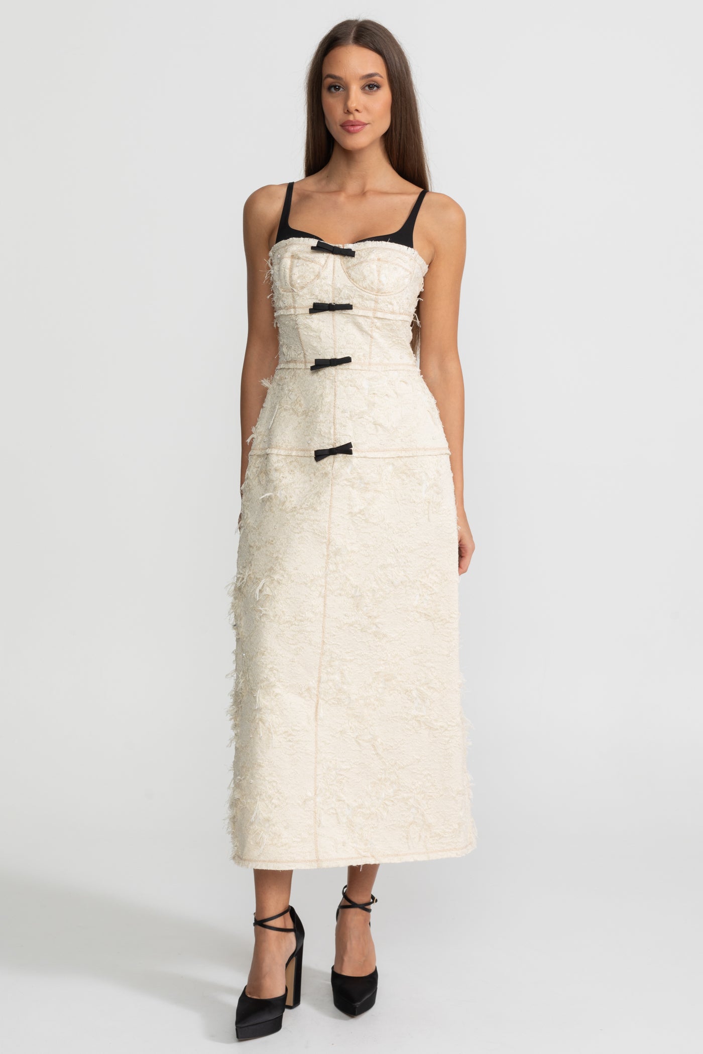 Textured Tweed Midi Dress With Contrast Straps and Bow Detailing – Ivoire