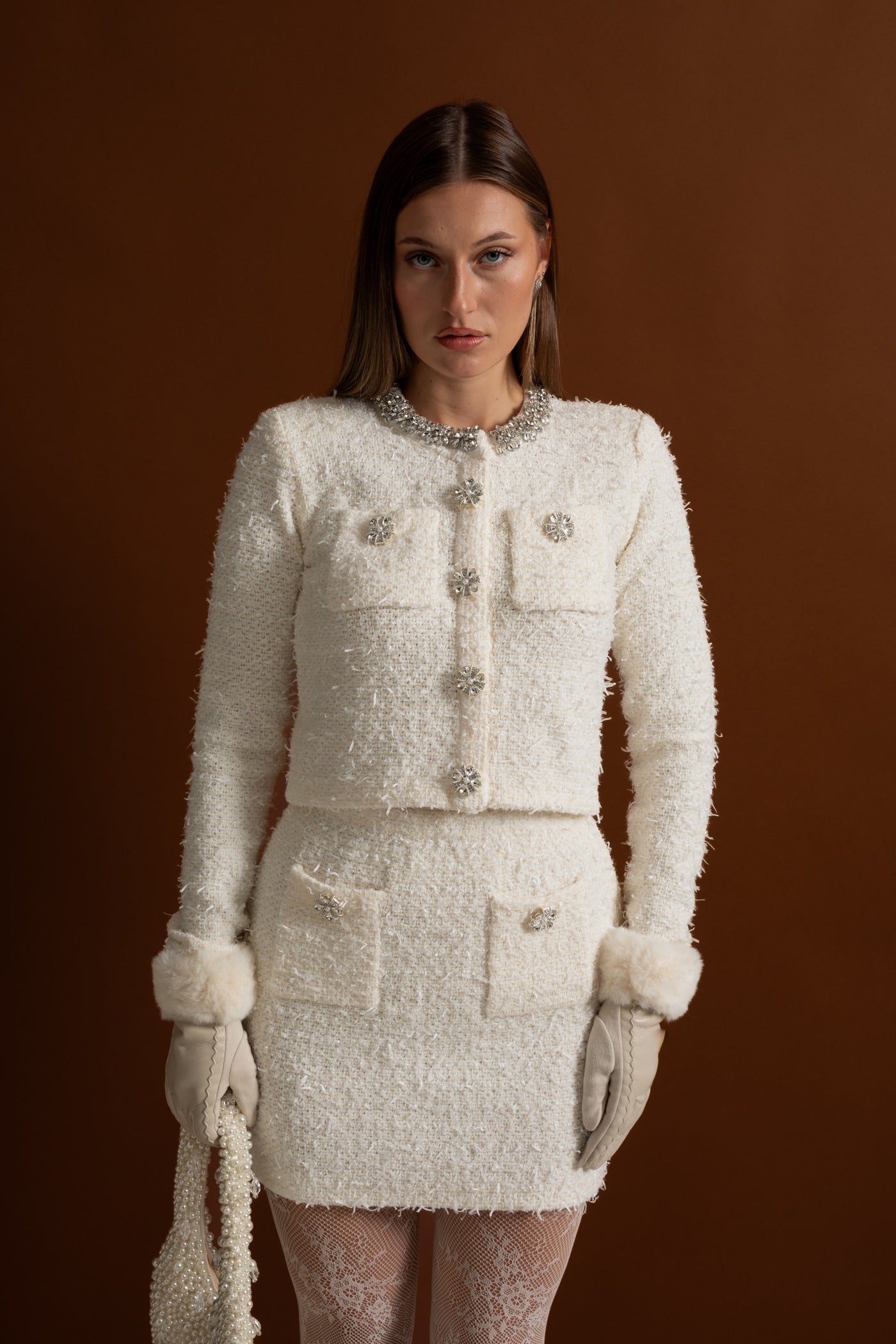 Tweed Blazer With Crystal Embellishments And Buttons - Ivoire