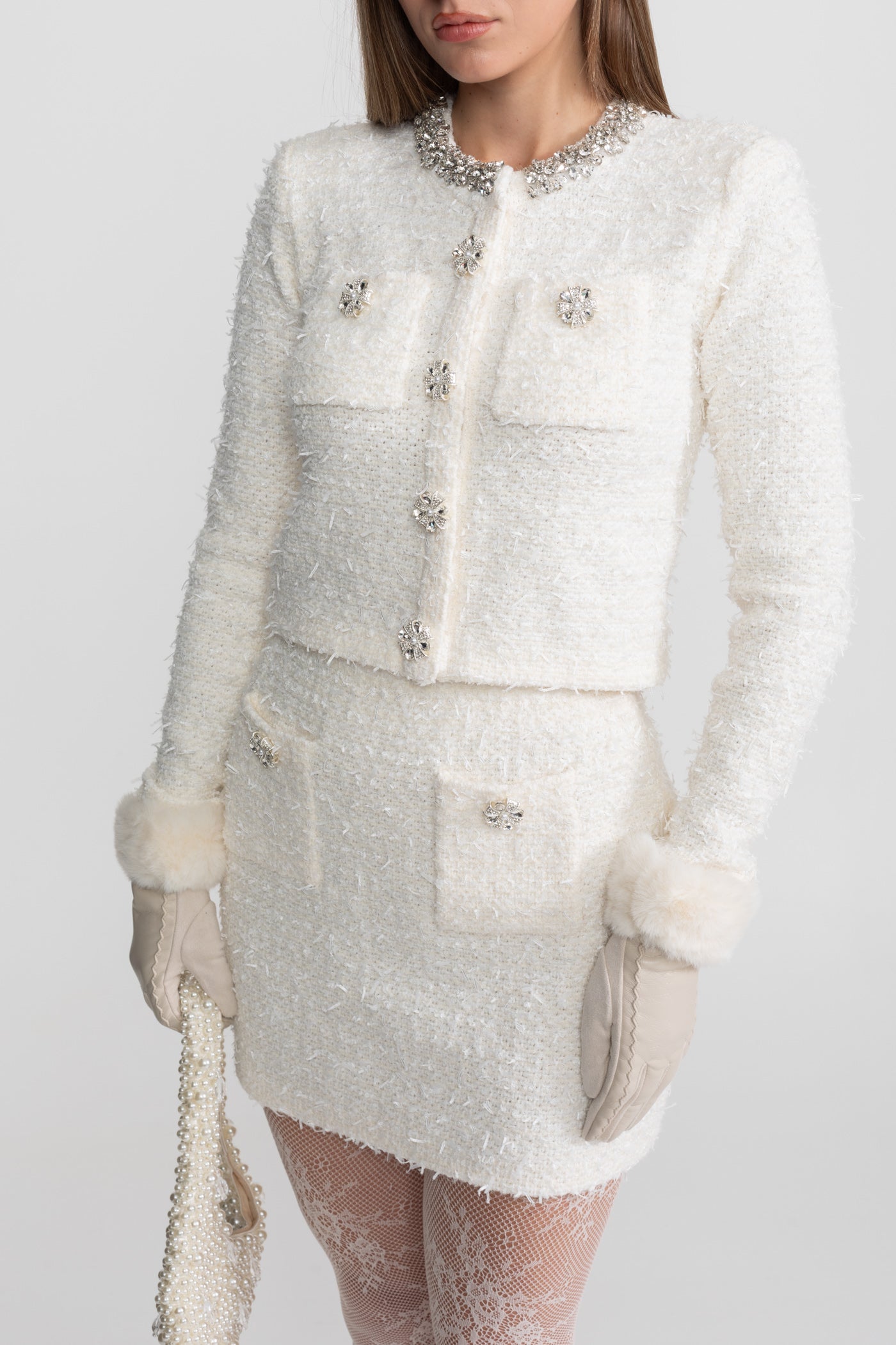 Tweed Blazer With Crystal Embellishments And Buttons - Ivoire