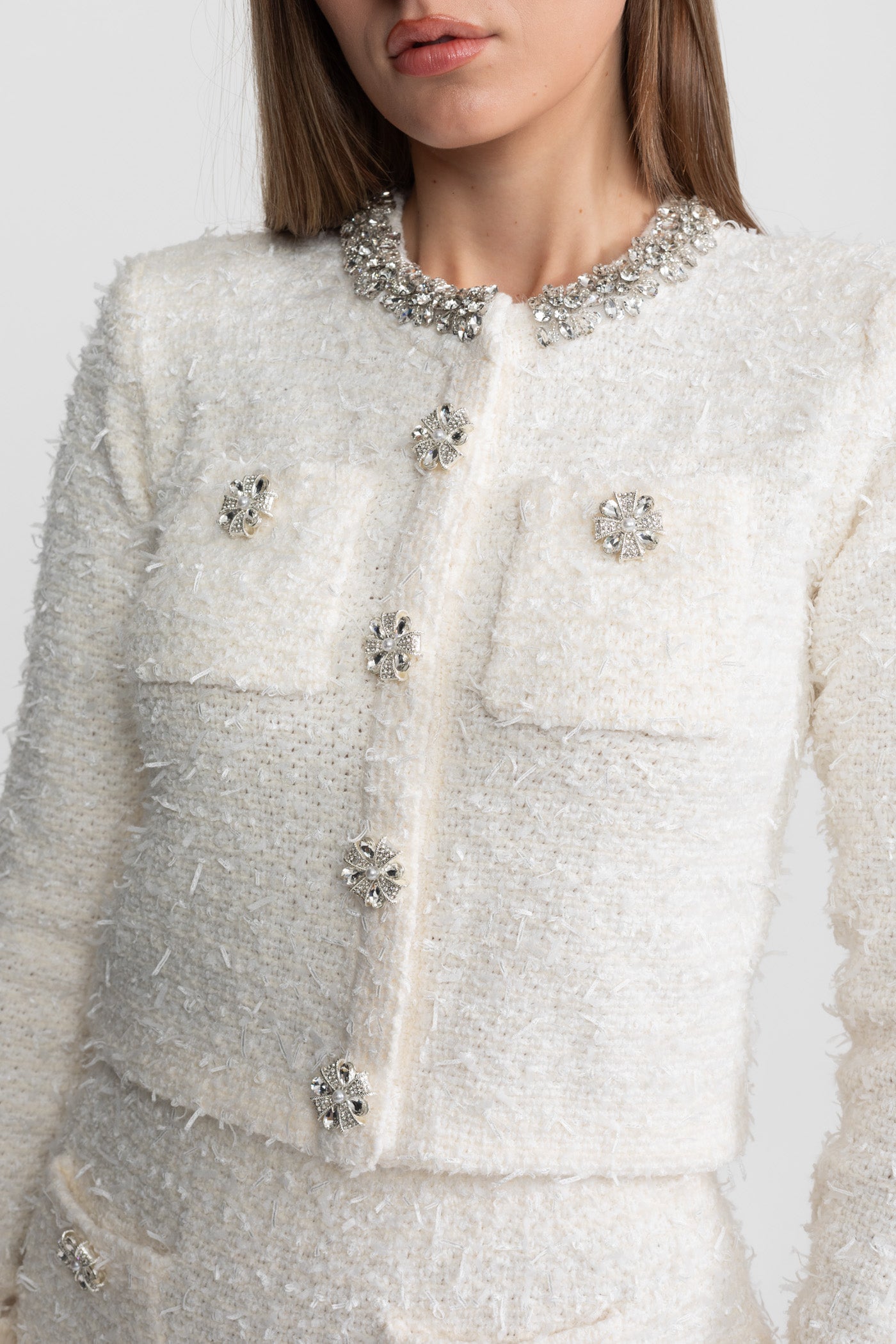 Tweed Blazer With Crystal Embellishments And Buttons - Ivoire