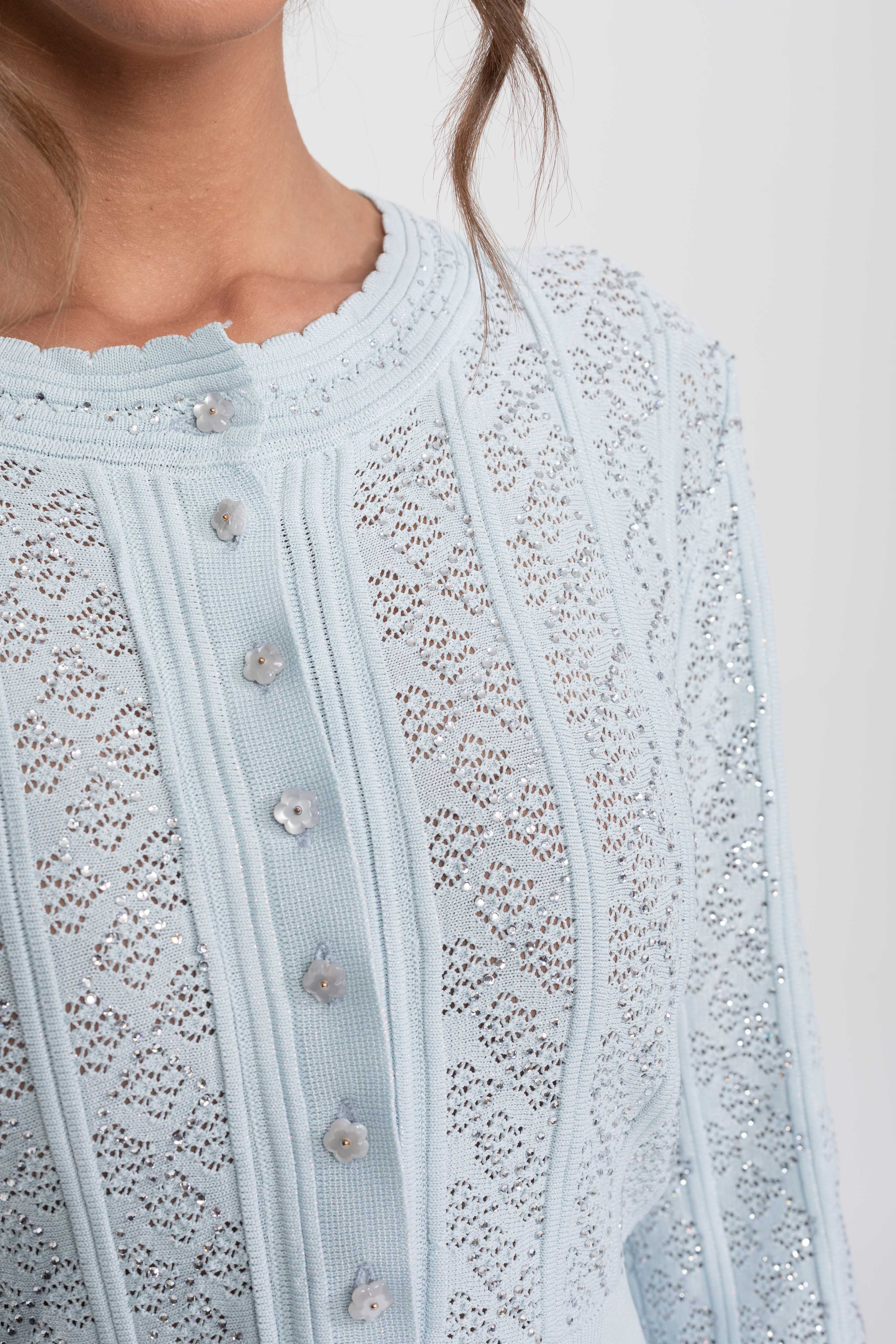Eyelet Knit Co-Ord Set With Cardigan And Maxi Skirt - Light Blue