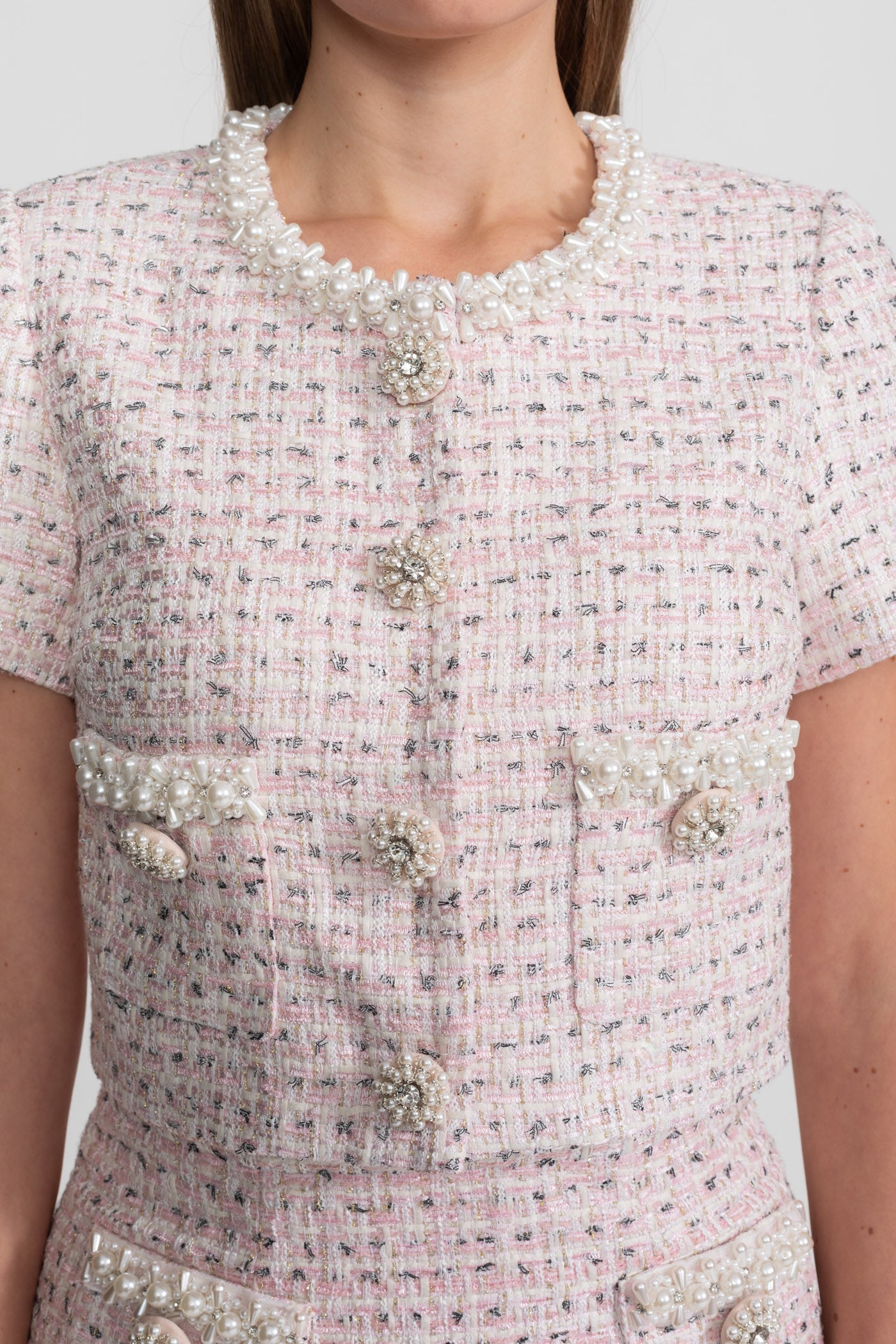 Short Sleeve Pearl-Embellished Top With Sparkling Buttons - Pink