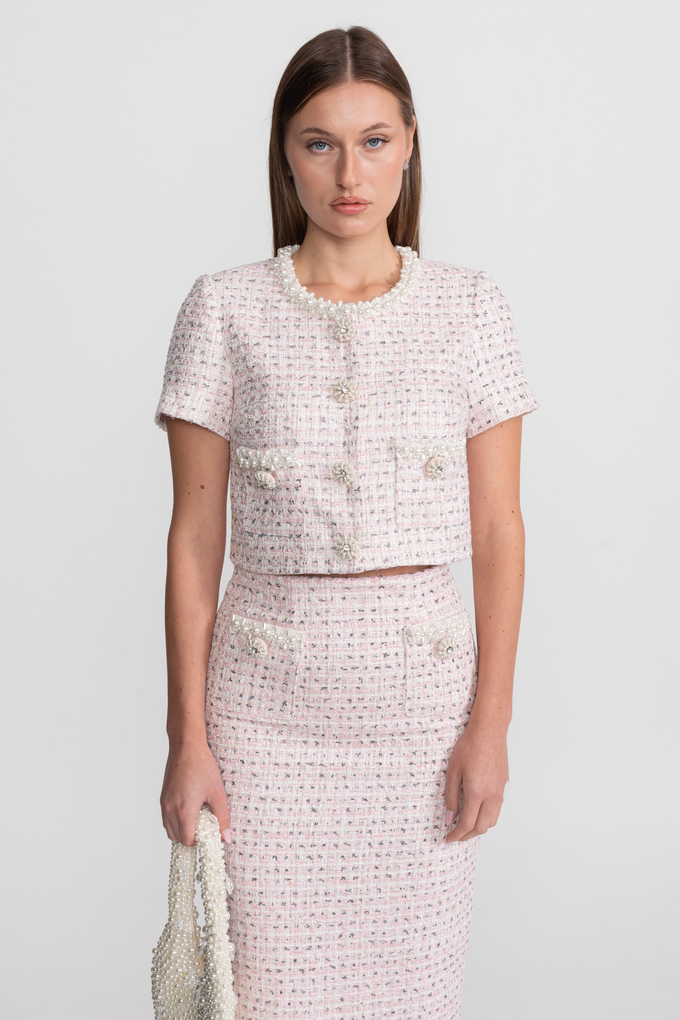 Short Sleeve Pearl-Embellished Top With Sparkling Buttons - Pink