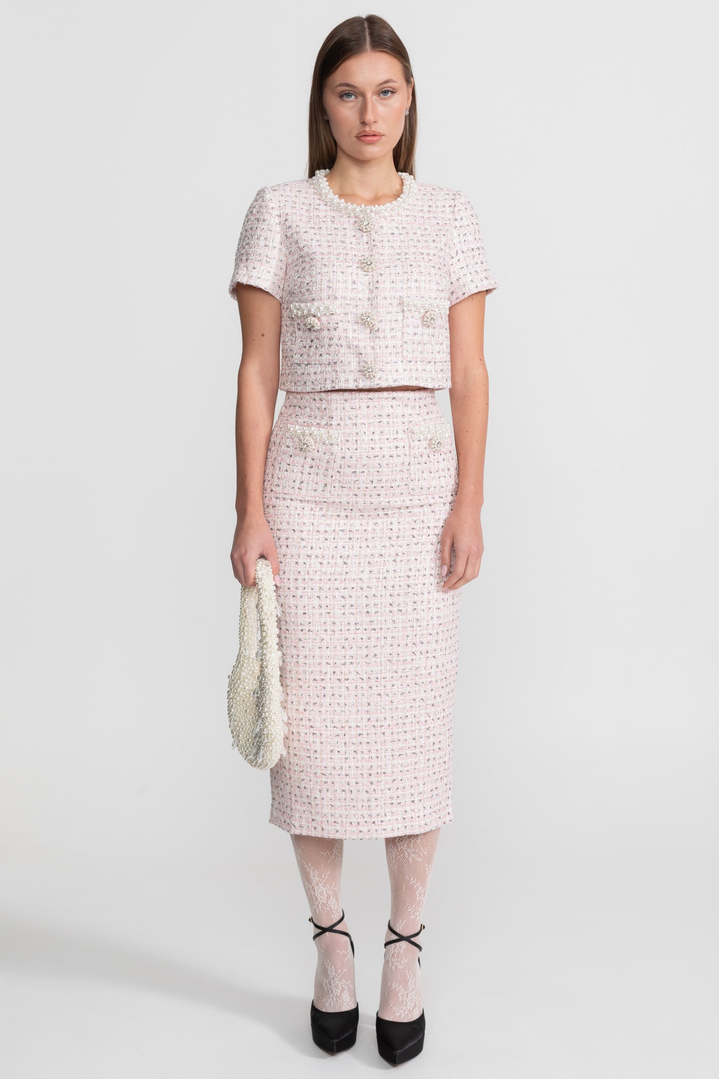 Short Sleeve Pearl-Embellished Top With Sparkling Buttons - Pink