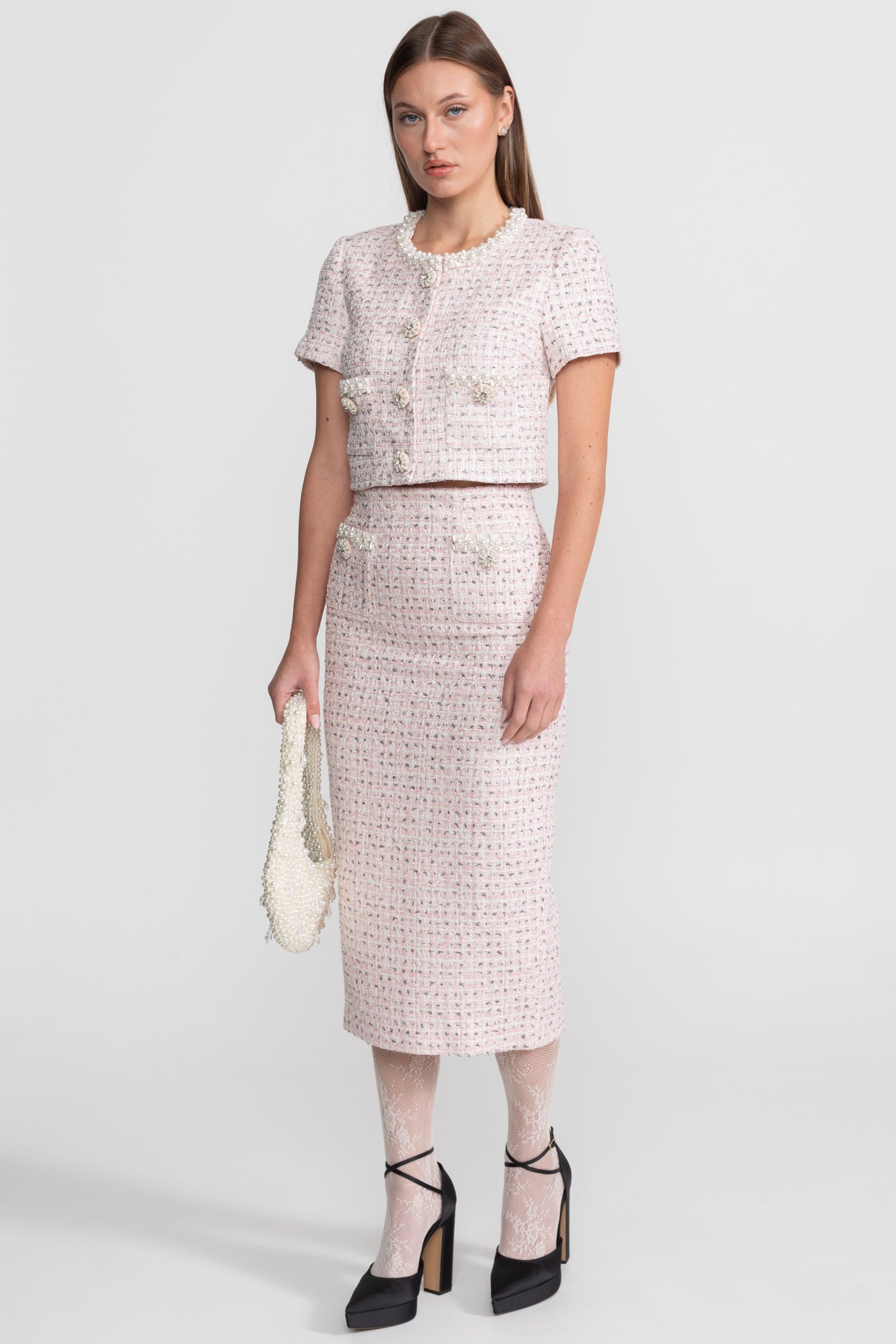 Short Sleeve Pearl-Embellished Top With Sparkling Buttons - Pink