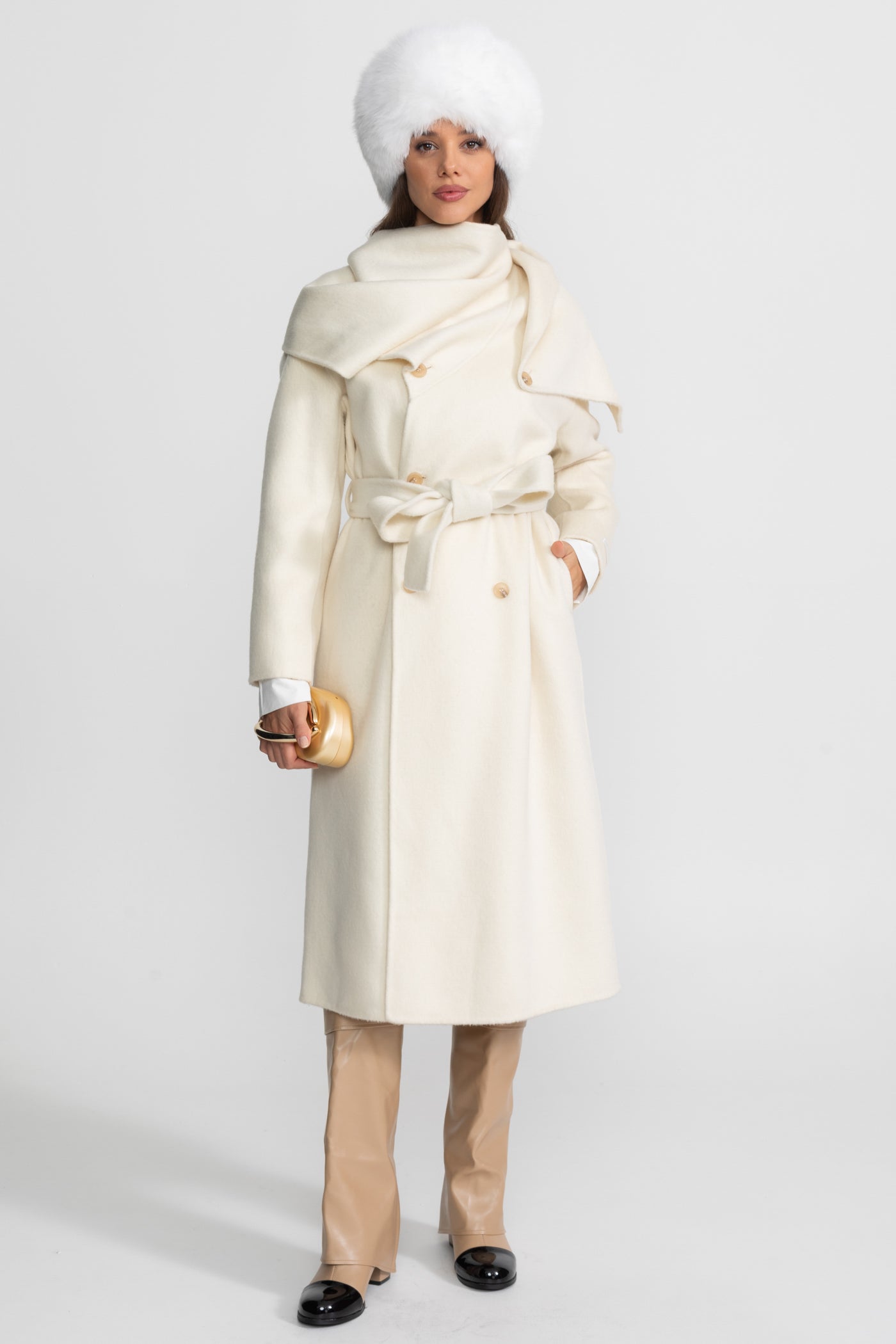 Maxi Coat with Oversized Scarf Collar - Beige