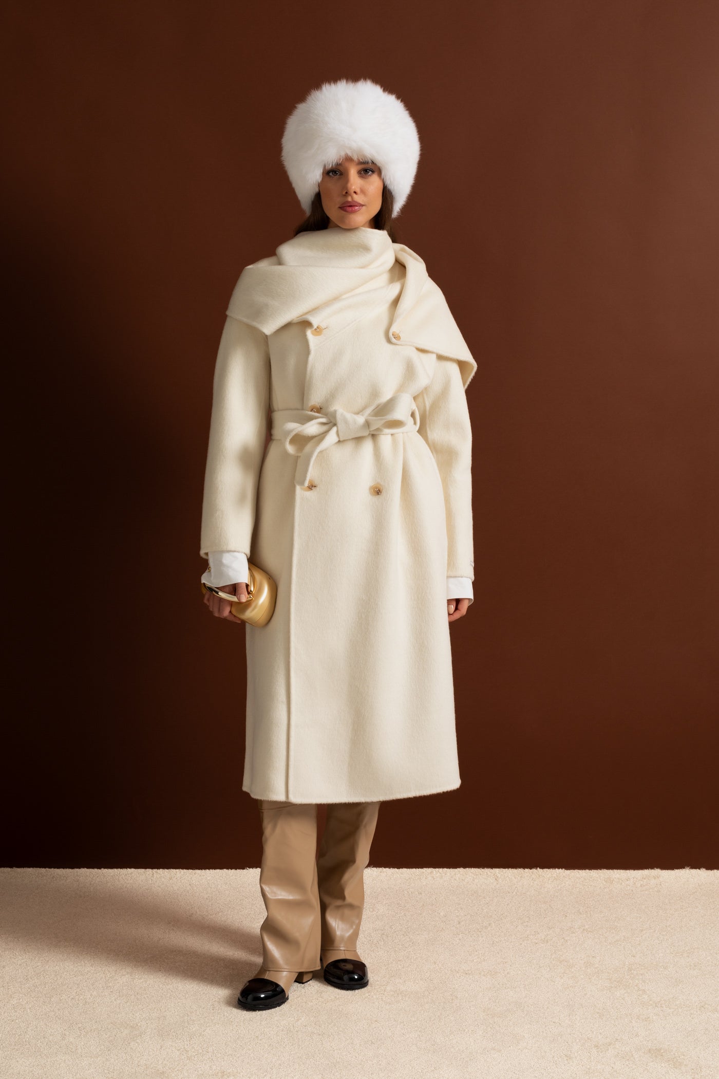 Maxi Coat with Oversized Scarf Collar - Beige