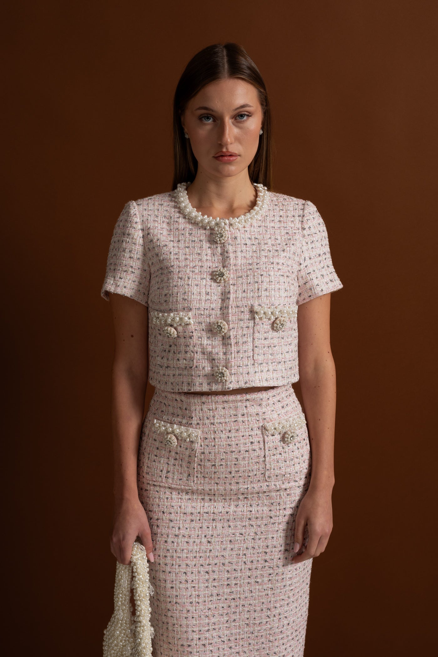 Short Sleeve Pearl-Embellished Top With Sparkling Buttons - Pink