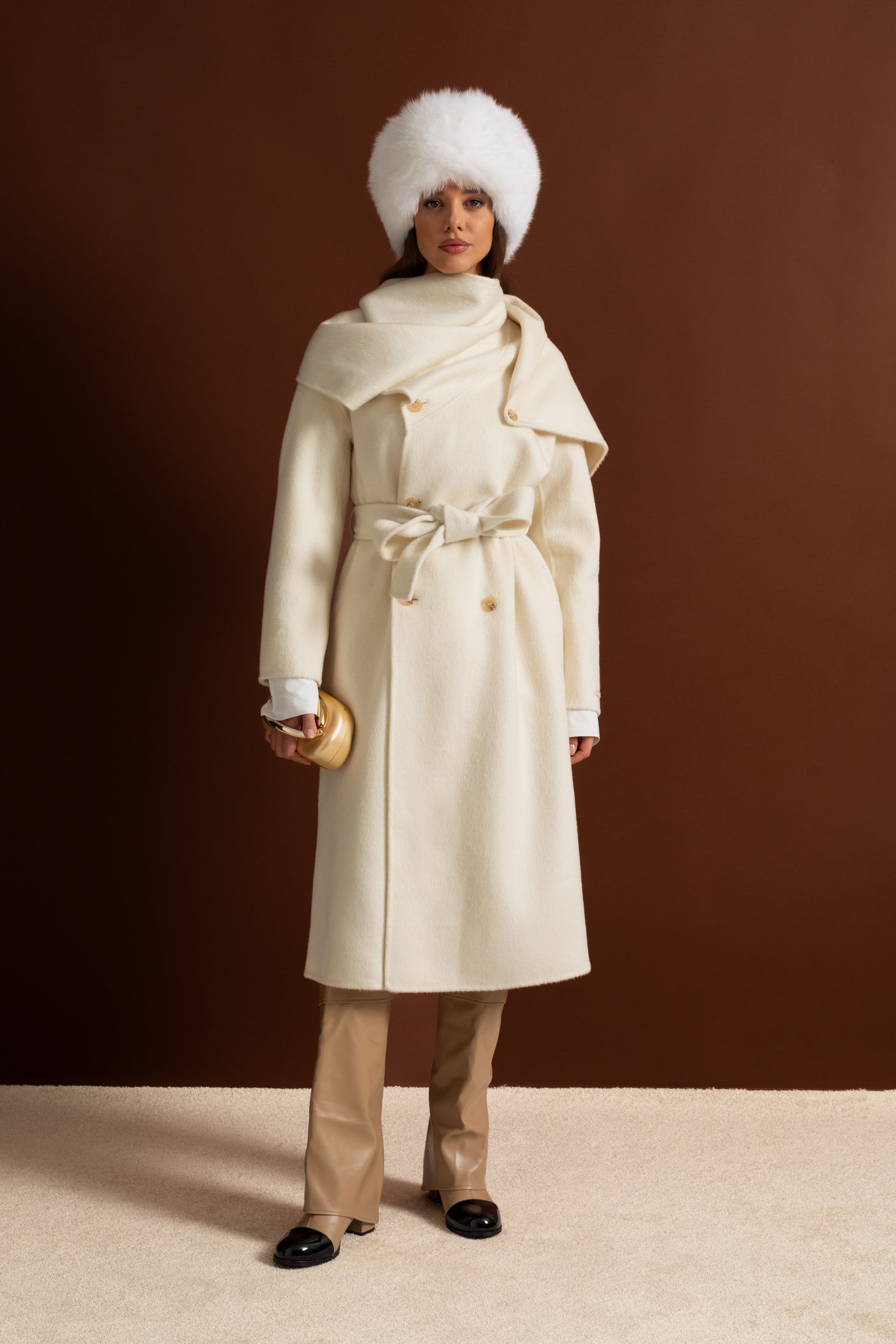 Maxi Coat with Oversized Scarf Collar - Beige