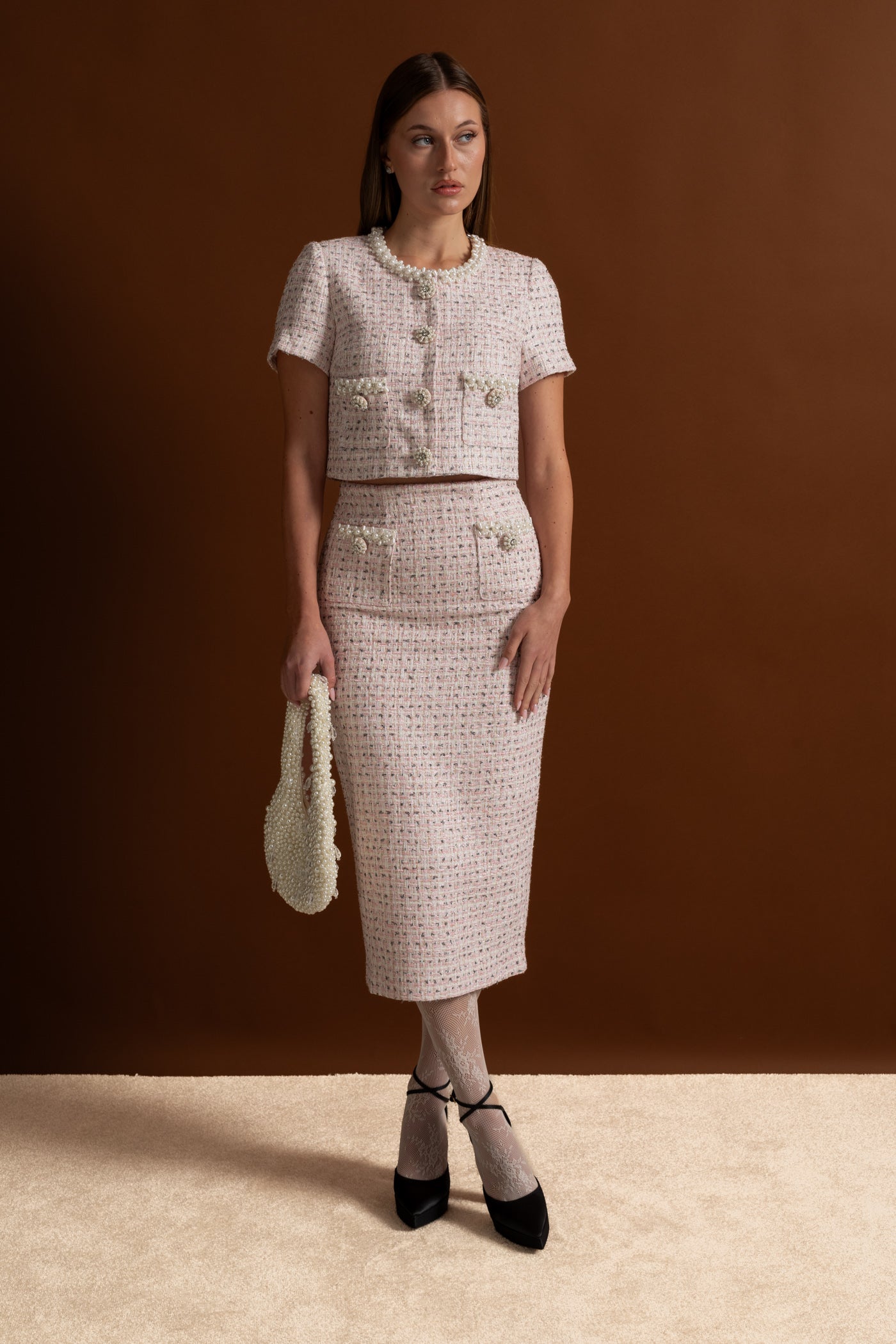 Short Sleeve Pearl-Embellished Top With Sparkling Buttons - Pink