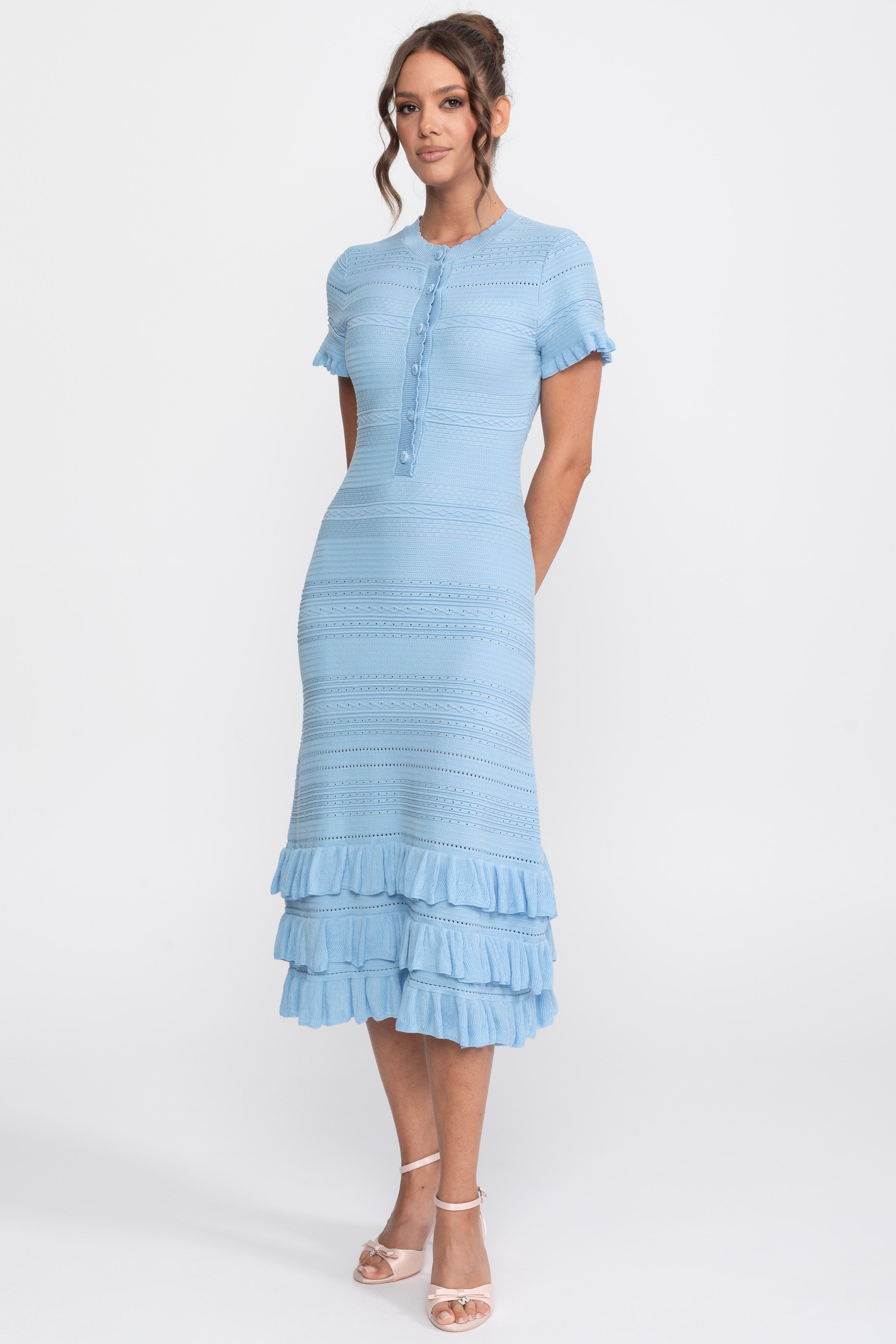 Ruffle Hem Knit Midi Dress With Button Front - Sky Blue