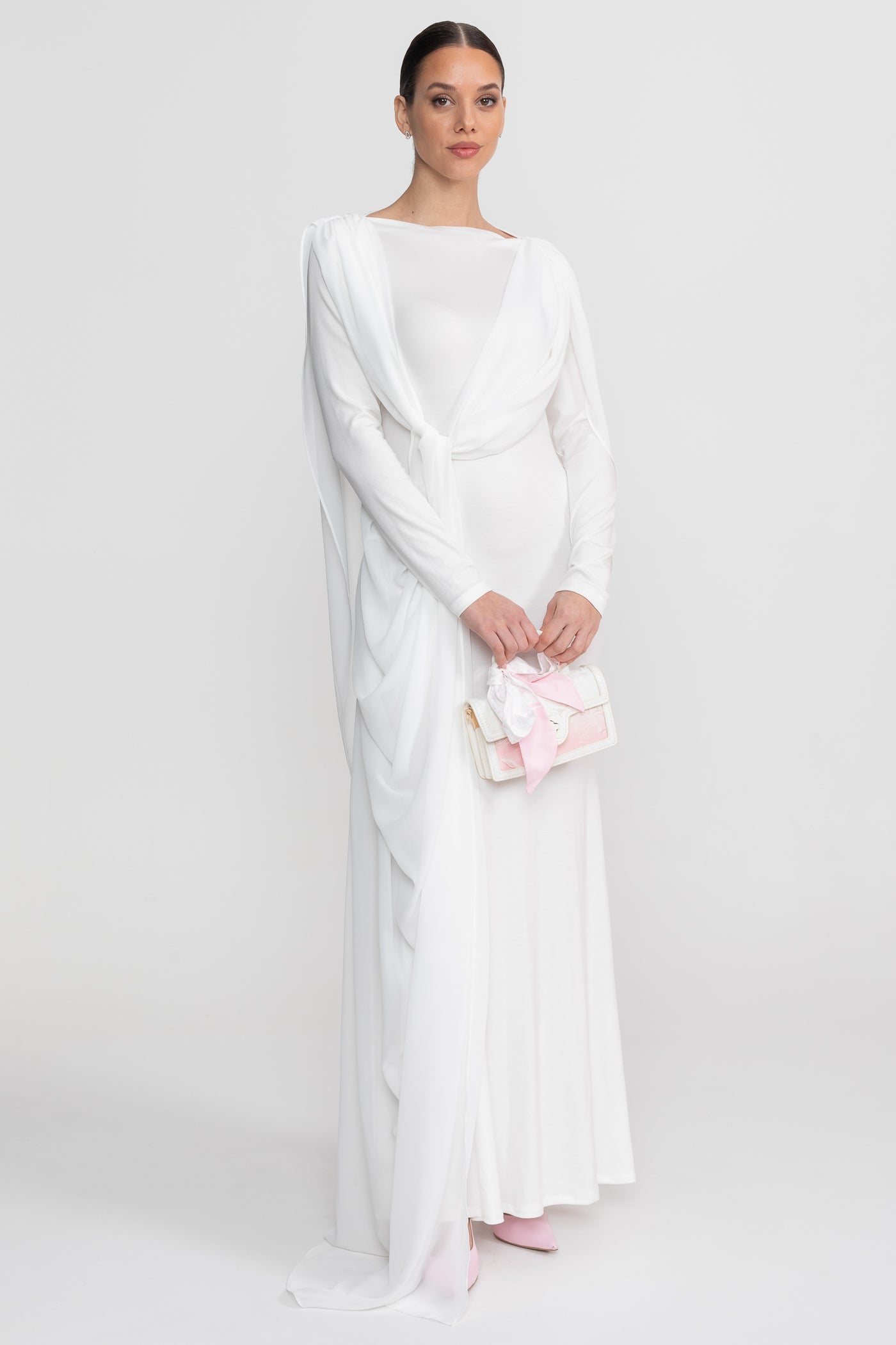 Draped Long Sleeve Maxi Dress With Cape Overlay With Knot Front Detail - White